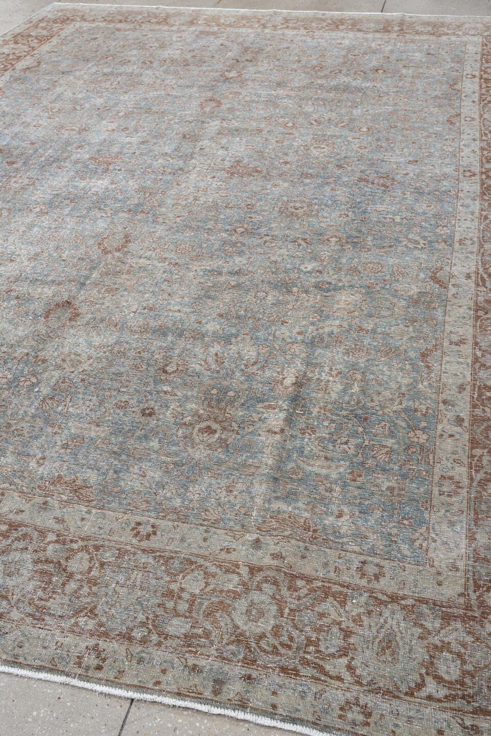 9' x 12' one-of-a-kind handmade antique Tabriz large size rug. Color palette: pale blue, ivory, rust, beige, taupe