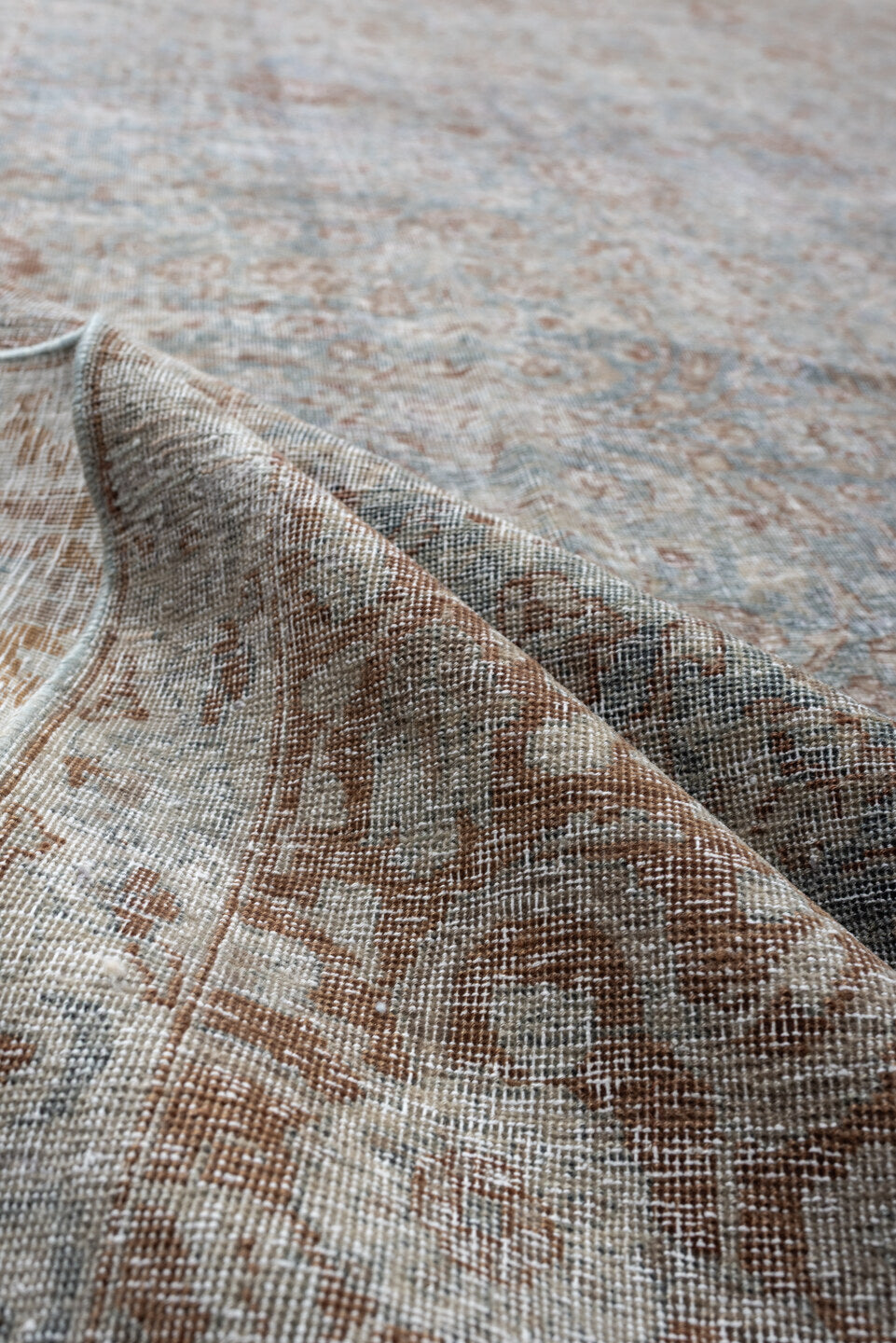 9' x 12' one-of-a-kind handmade antique Tabriz large size rug. Color palette: pale blue, ivory, rust, beige, taupe