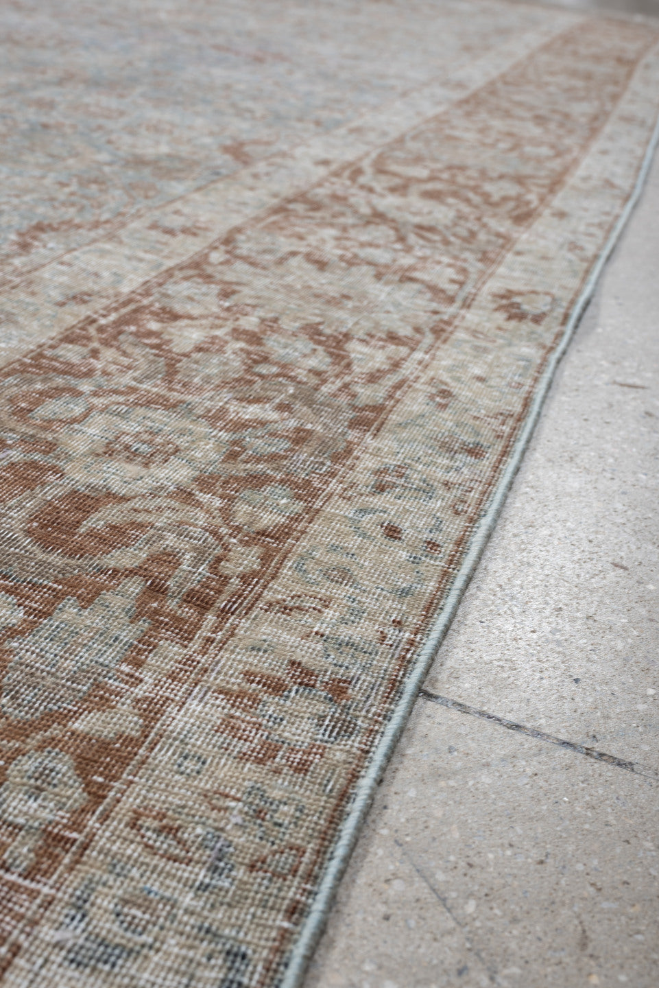 9' x 12' one-of-a-kind handmade antique Tabriz large size rug. Color palette: pale blue, ivory, rust, beige, taupe