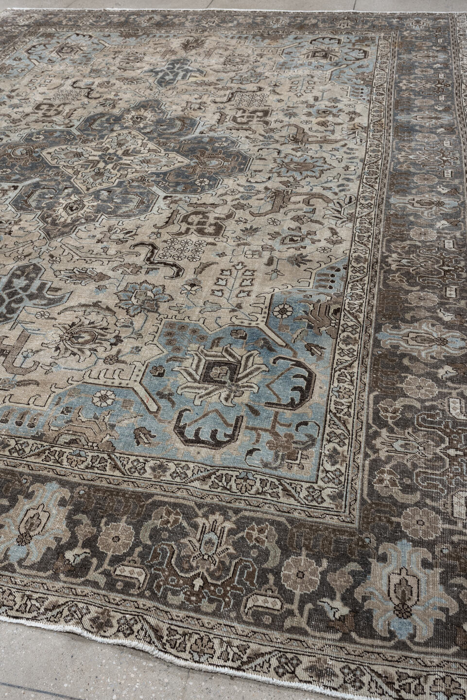 9' x 12' one-of-a-kind handmade antique Tabriz large size rug. Color palette: ivory, charcoal, sky blue, taupe, slate, brown