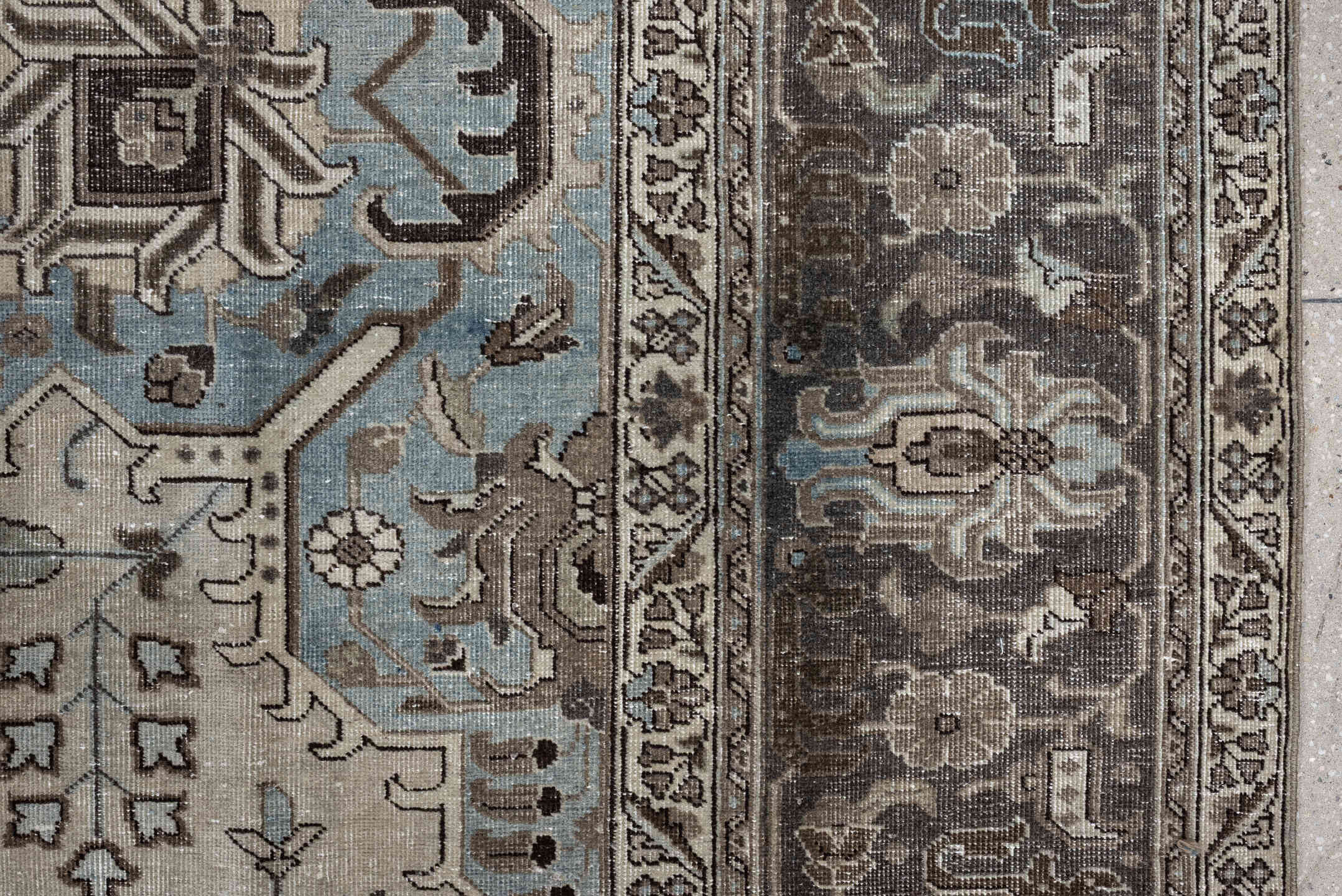 9' x 12' one-of-a-kind handmade antique Tabriz large size rug. Color palette: ivory, charcoal, sky blue, taupe, slate, brown