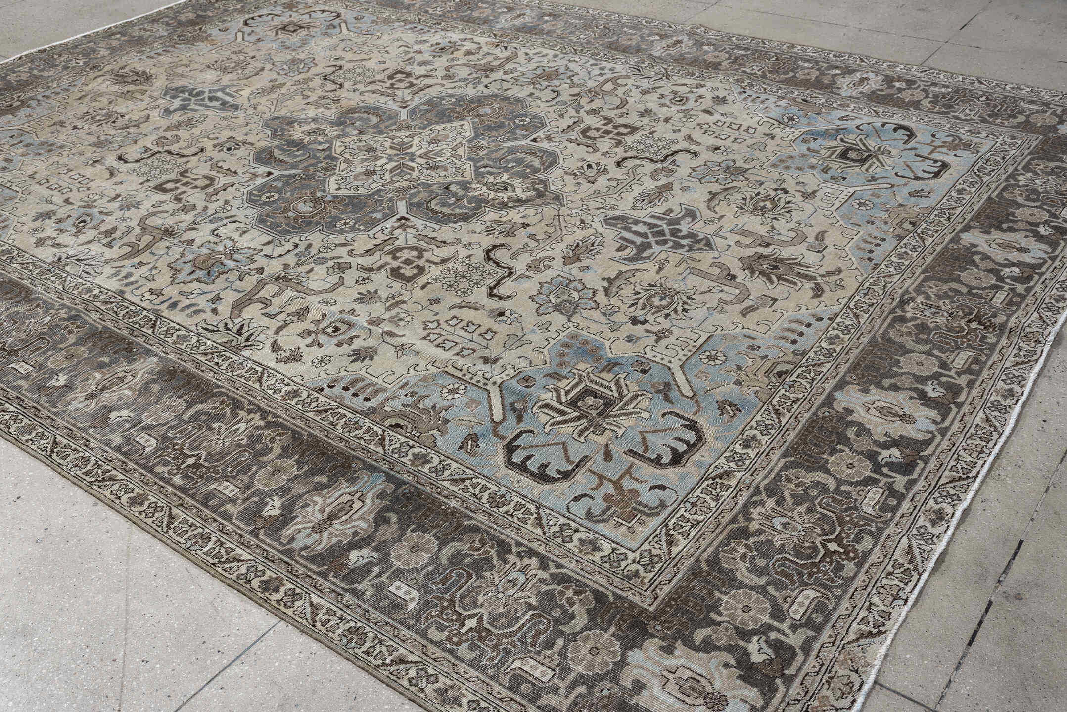 9' x 12' one-of-a-kind handmade antique Tabriz large size rug. Color palette: ivory, charcoal, sky blue, taupe, slate, brown