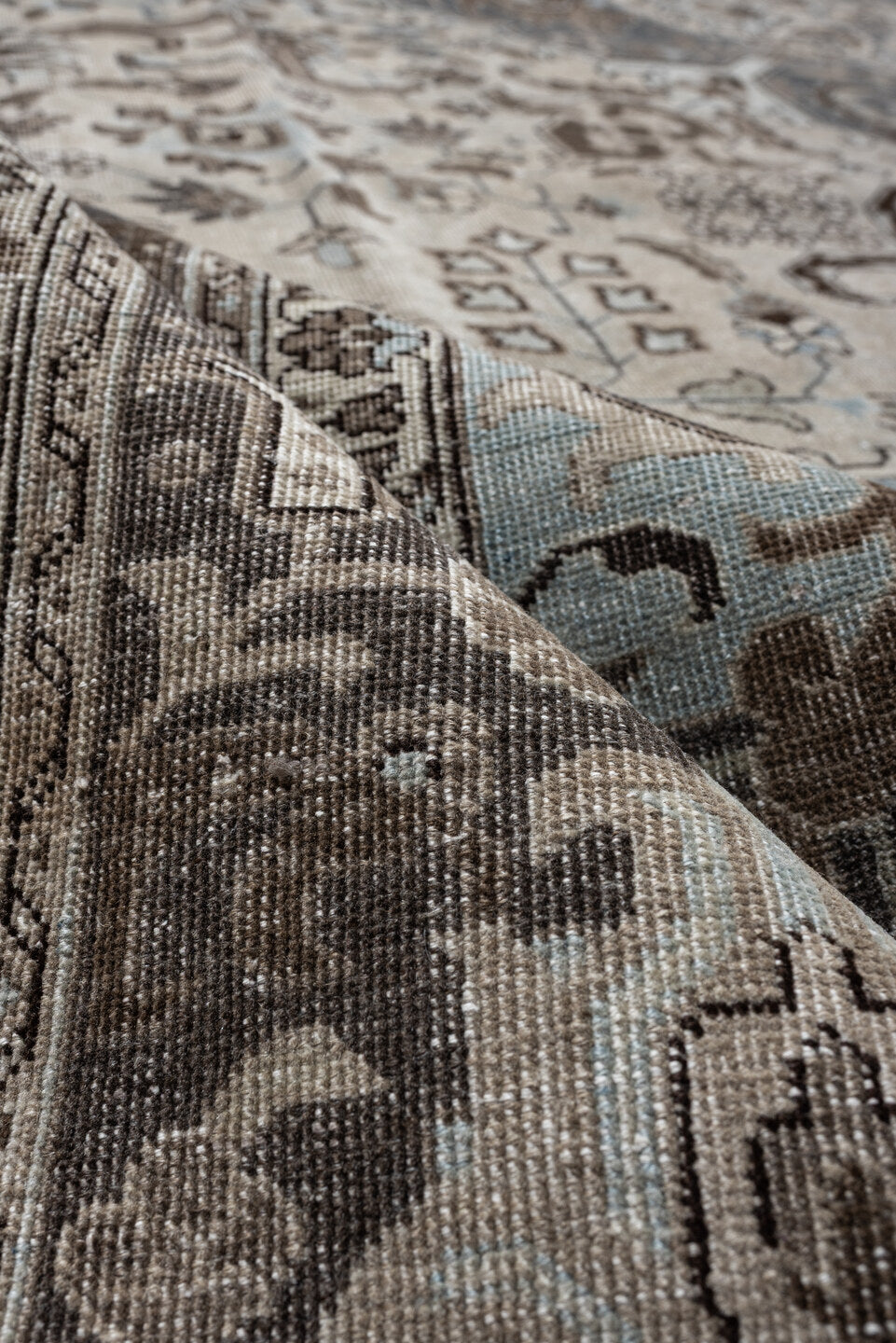 9' x 12' one-of-a-kind handmade antique Tabriz large size rug. Color palette: ivory, charcoal, sky blue, taupe, slate, brown