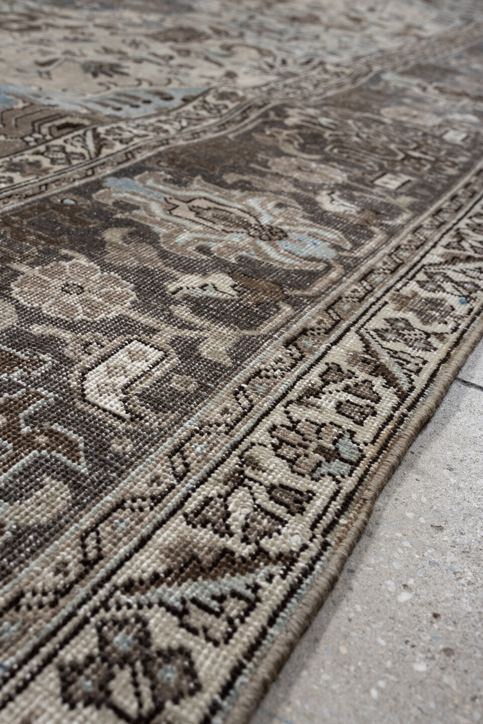 9' x 12' one-of-a-kind handmade antique Tabriz large size rug. Color palette: ivory, charcoal, sky blue, taupe, slate, brown