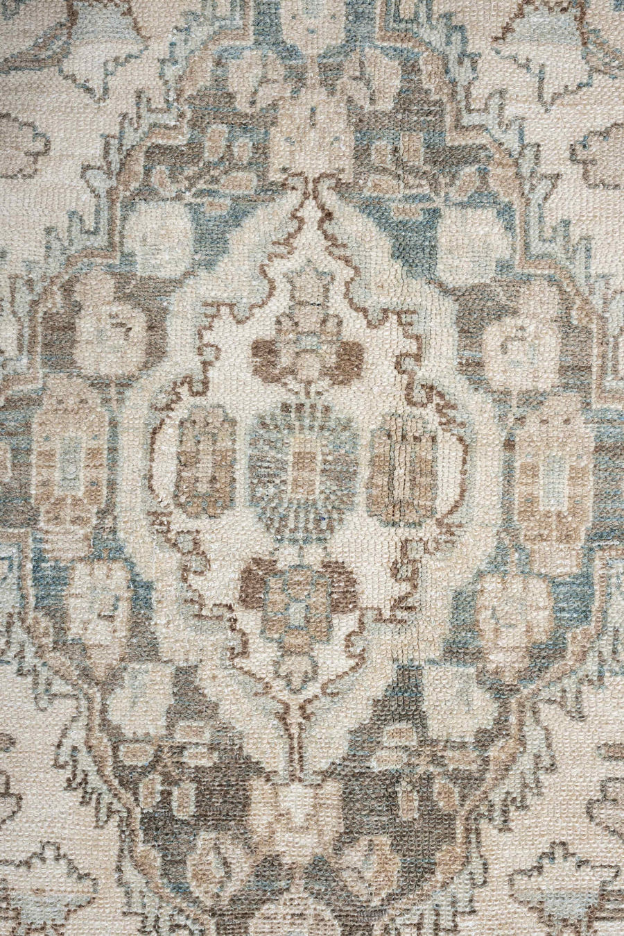 10' x 13' one-of-a-kind handmade antique Bibikabad large size rug. Color palette: ivory, sky blue, taupe, beige, sand