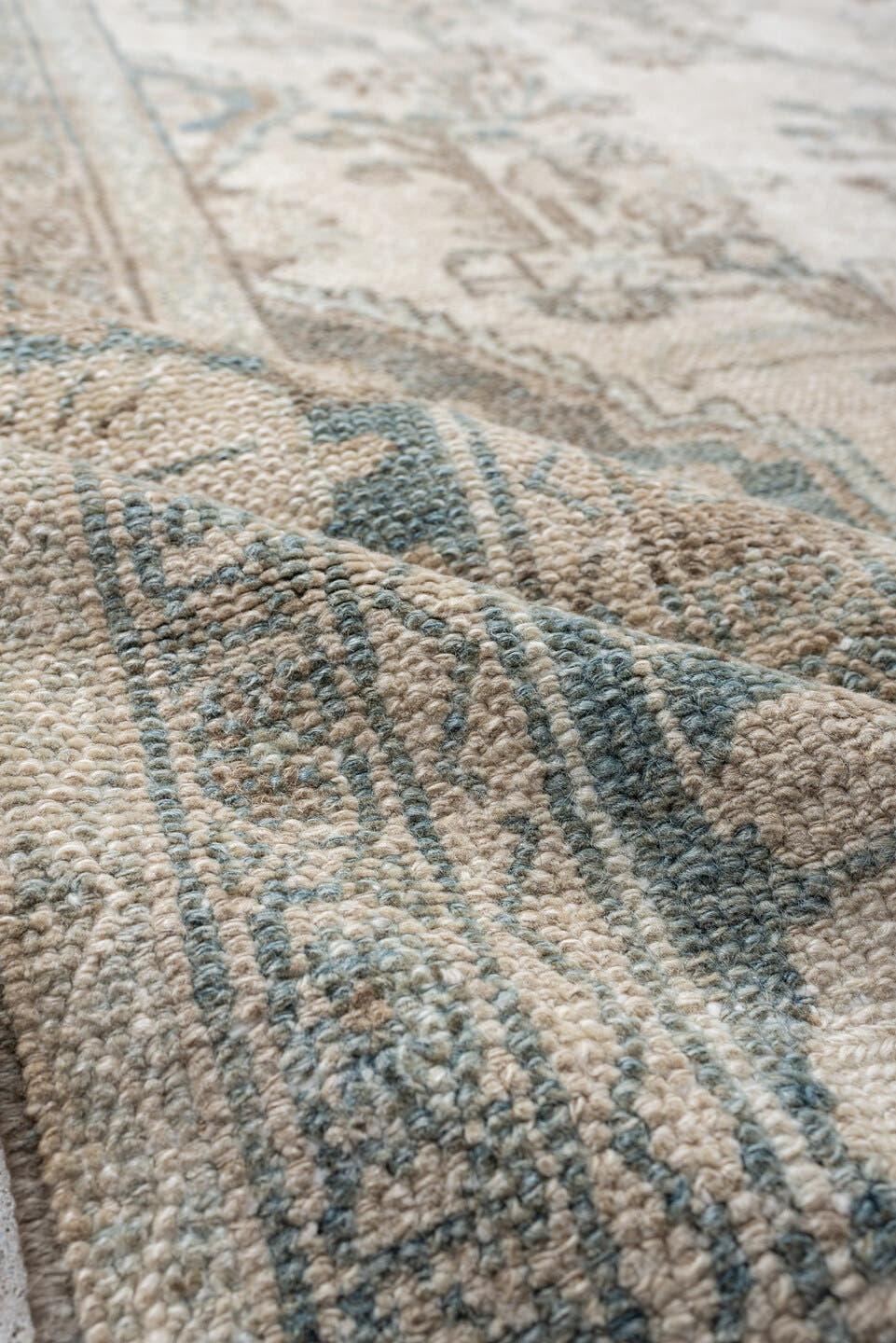 10' x 13' one-of-a-kind handmade antique Bibikabad large size rug. Color palette: ivory, sky blue, taupe, beige, sand