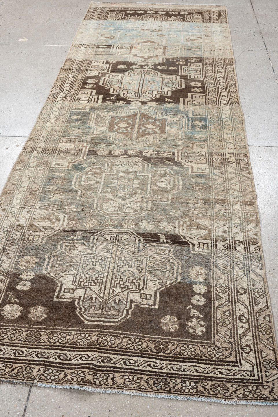 3' x 9' one-of-a-kind handmade antique Malayer runner rug. Color palette: sky blue, taupe, brown, ivory, beige, charcoal