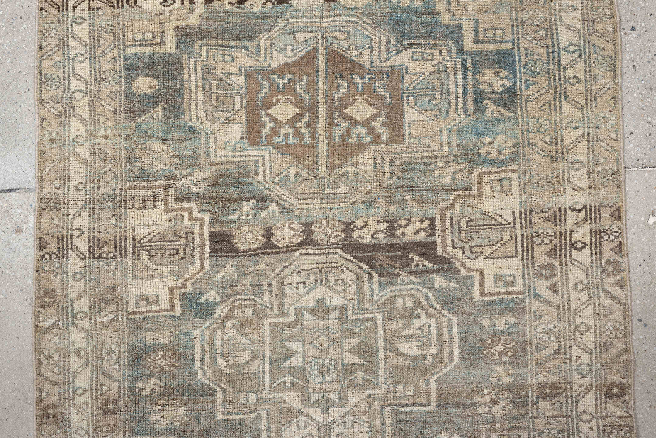 3' x 9' one-of-a-kind handmade antique Malayer runner rug. Color palette: sky blue, taupe, brown, ivory, beige, charcoal