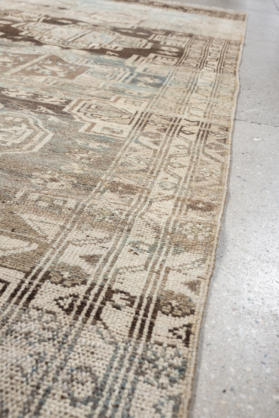 3' x 9' one-of-a-kind handmade antique Malayer runner rug. Color palette: sky blue, taupe, brown, ivory, beige, charcoal