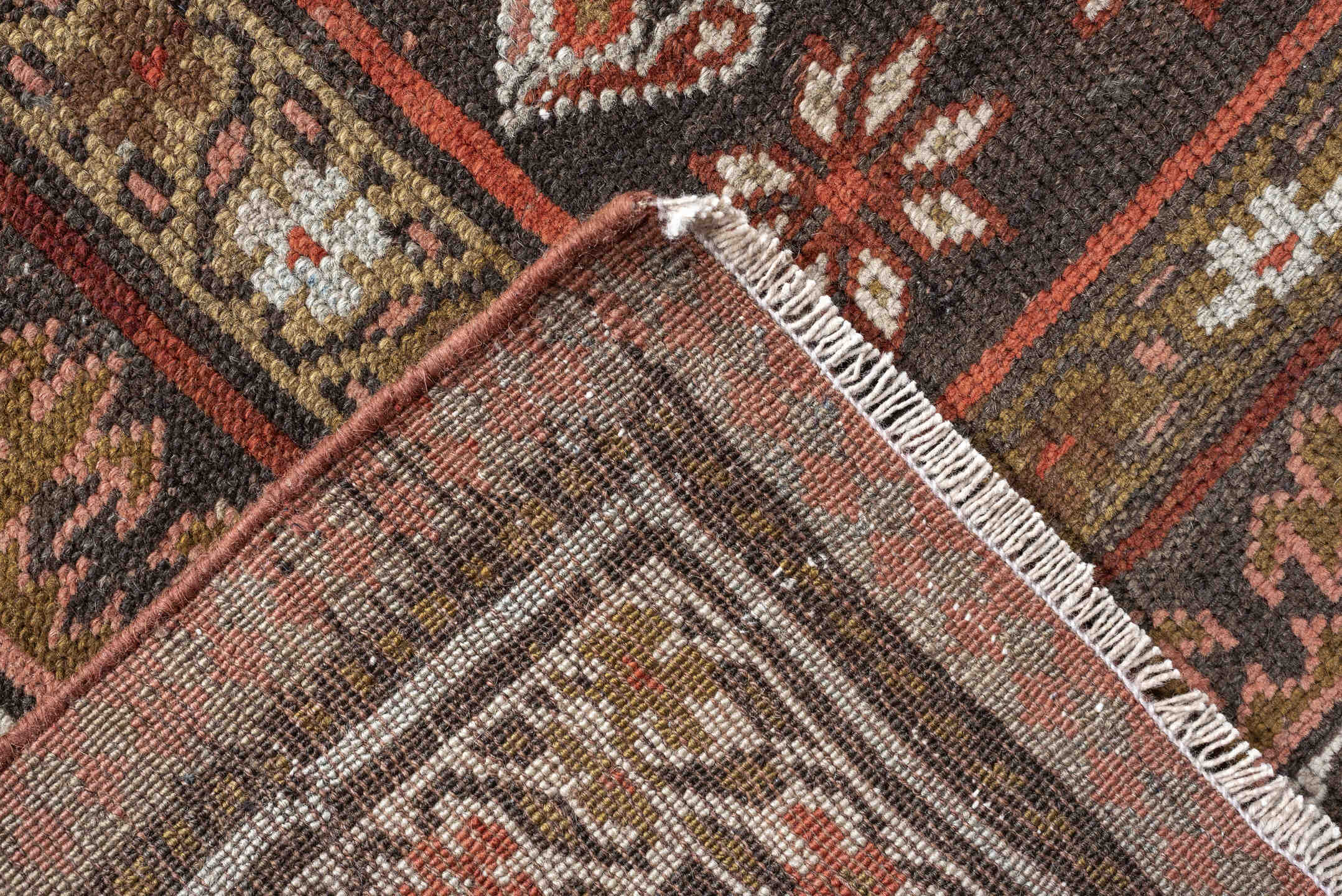 3' x 12' one-of-a-kind handmade antique Kurd runner rug. Color palette: brown, ivory, rust, camel, taupe, burgundy, olive