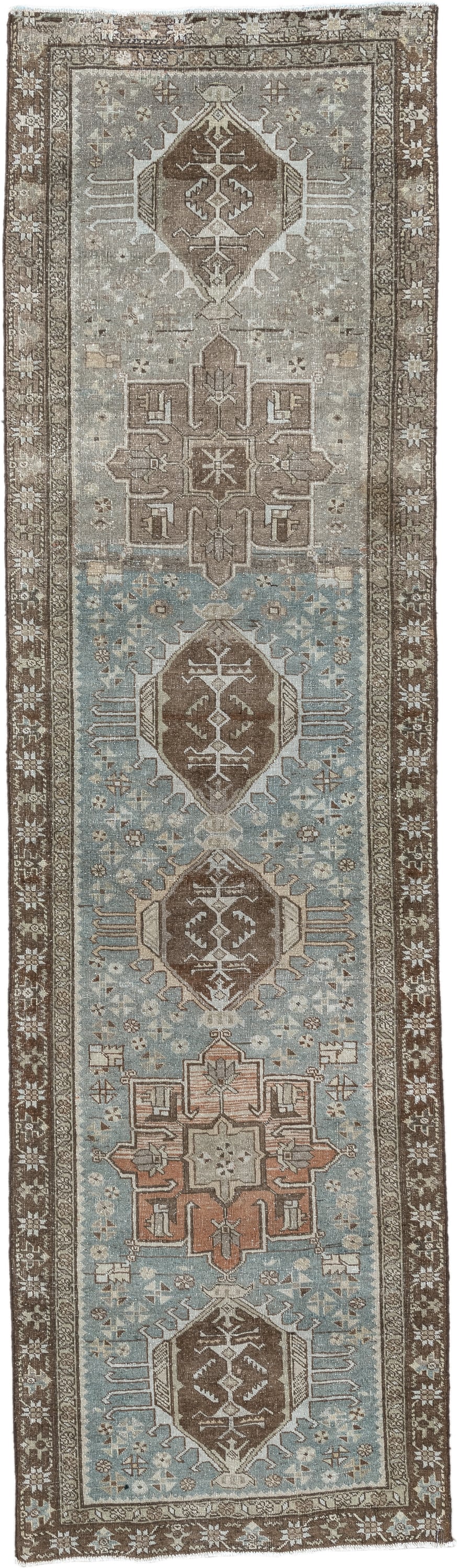 2' x 9' one-of-a-kind handmade antique Tabriz runner rug. Color palette: sky blue, taupe, brown, ivory, beige, camel