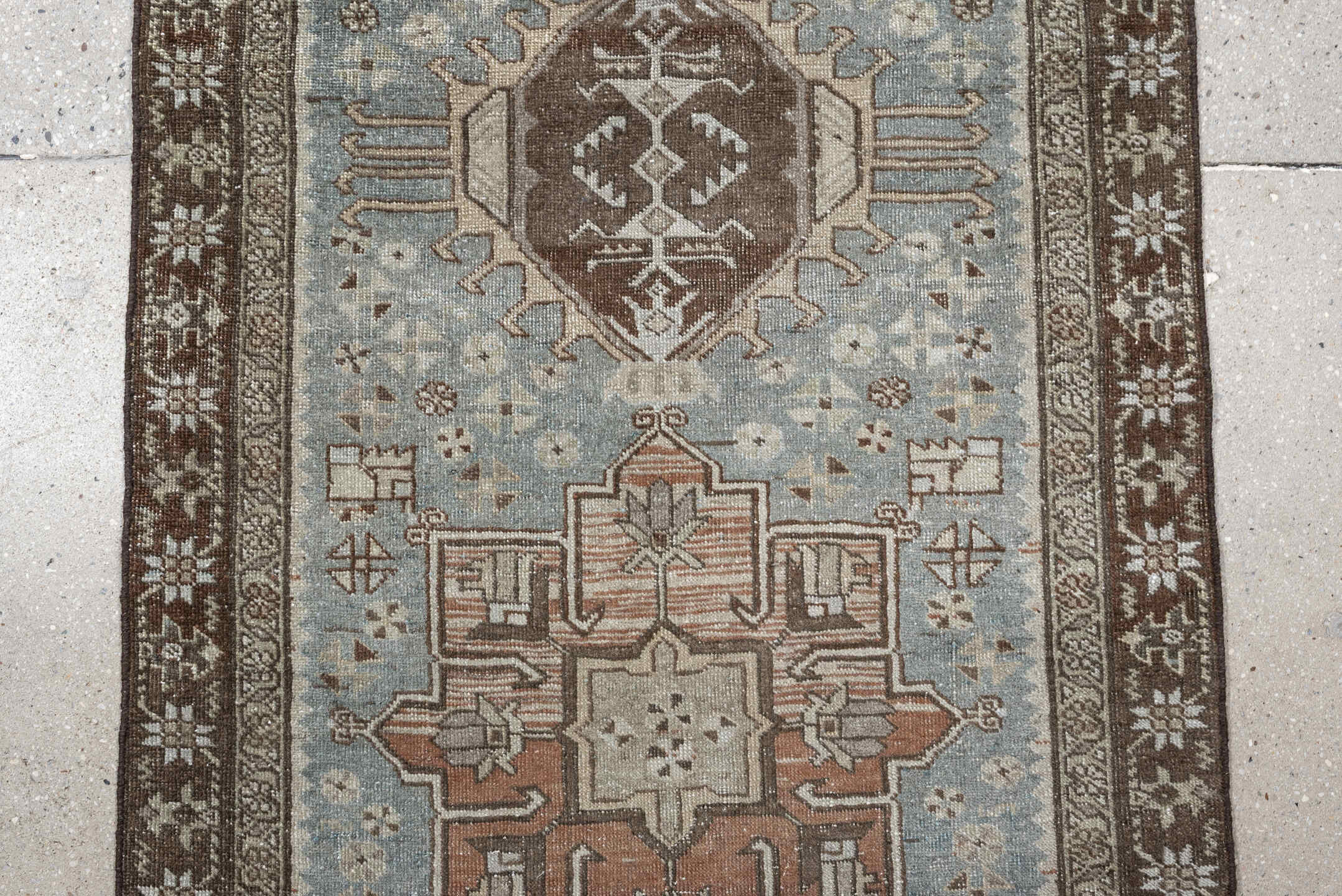 2' x 9' one-of-a-kind handmade antique Tabriz runner rug. Color palette: sky blue, taupe, brown, ivory, beige, camel