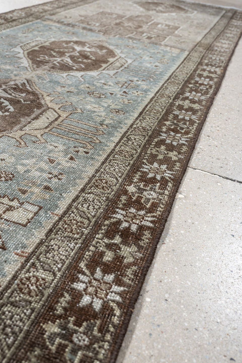 2' x 9' one-of-a-kind handmade antique Tabriz runner rug. Color palette: sky blue, taupe, brown, ivory, beige, camel