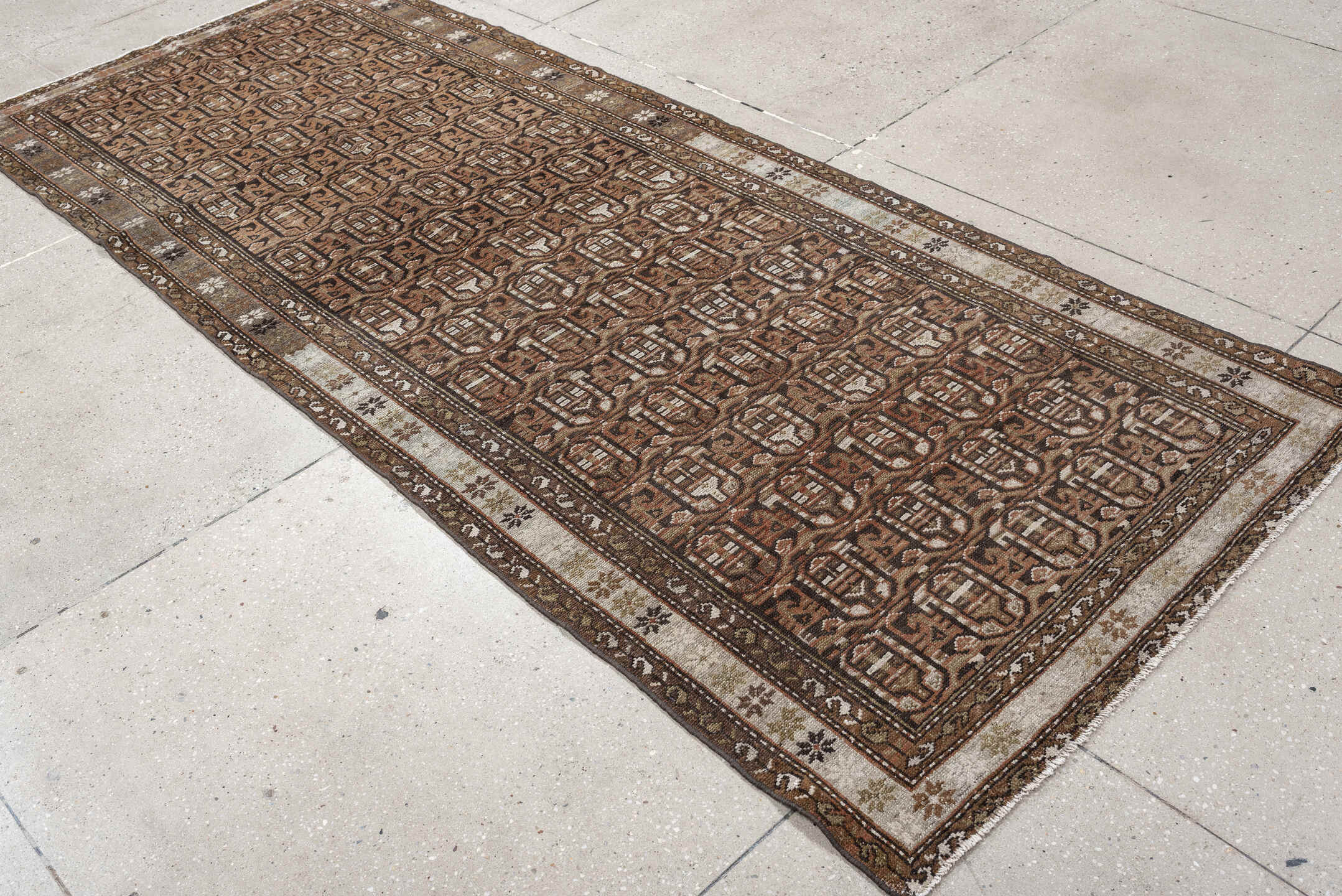 3' x 9' one-of-a-kind handmade antique Malayer runner rug. Color palette: brown, camel, ivory, taupe, rust, charcoal, beige