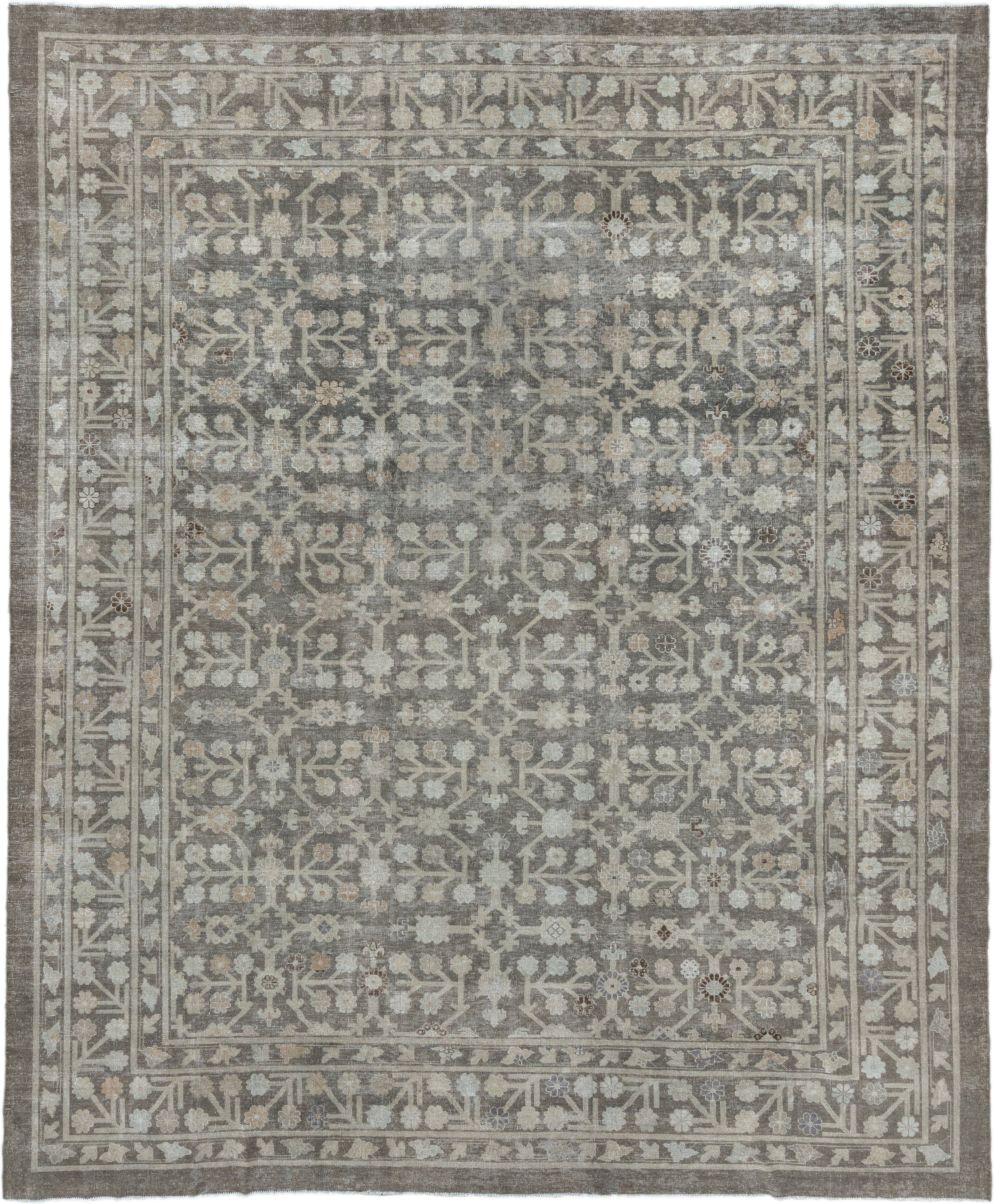 12' x 14' one-of-a-kind handmade vintage Khotan oversize rug. Color palette: taupe, ivory, beige, brown, camel, slate, gray