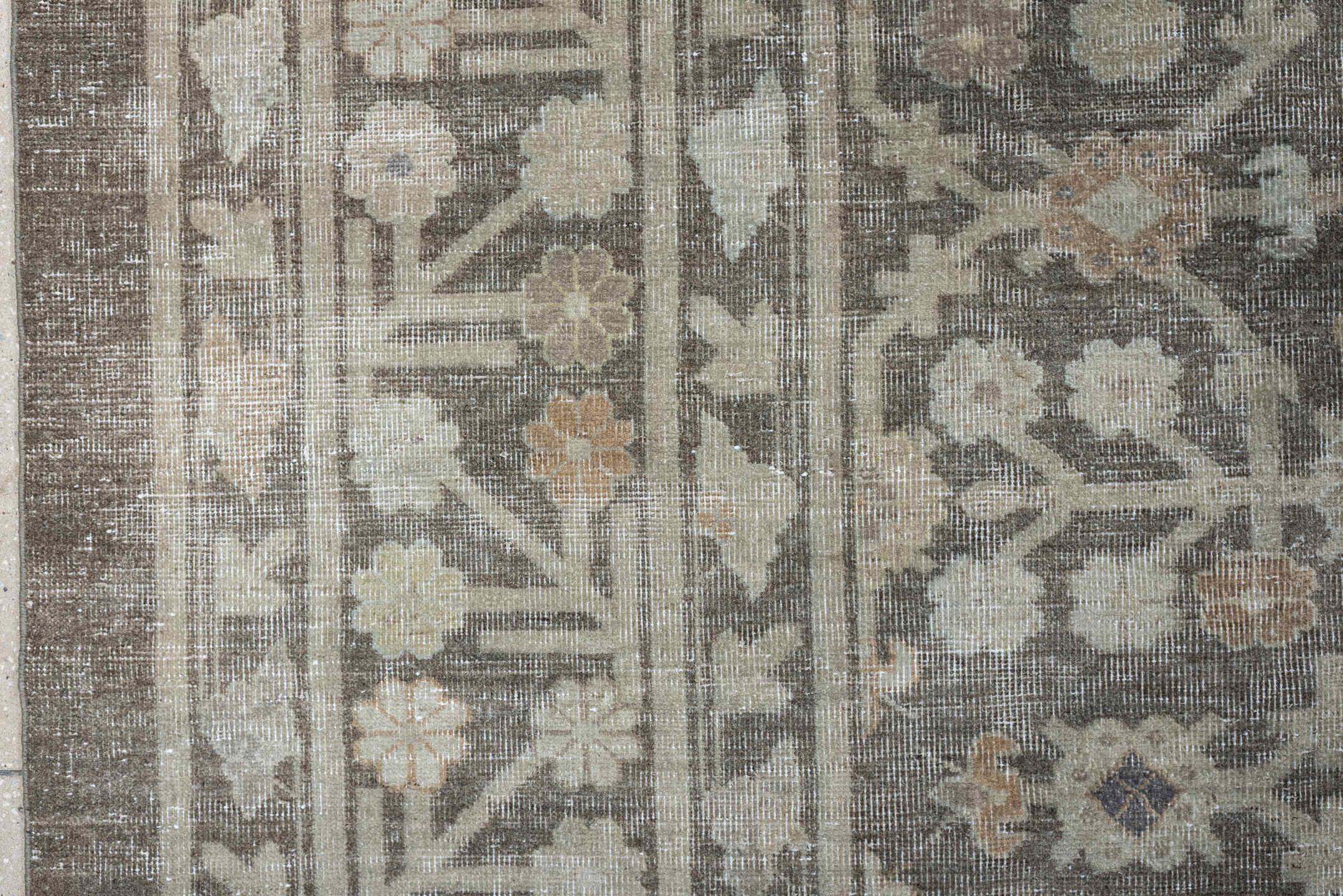 12' x 14' one-of-a-kind handmade vintage Khotan oversize rug. Color palette: taupe, ivory, beige, brown, camel, slate, gray