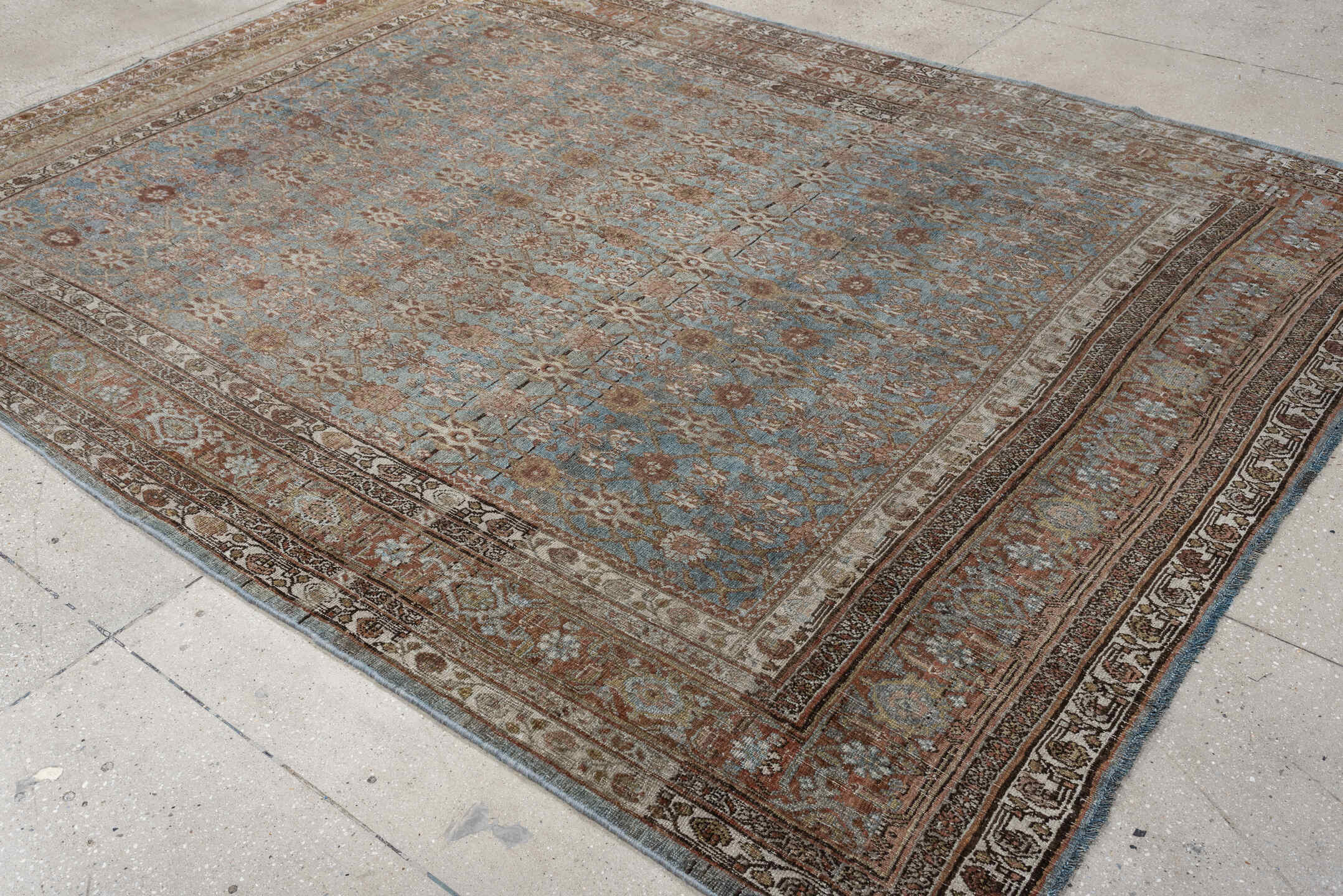 7' x 10' one-of-a-kind handmade antique Bidjar large size rug. Color palette: sky blue, ivory, terra cotta, taupe, camel