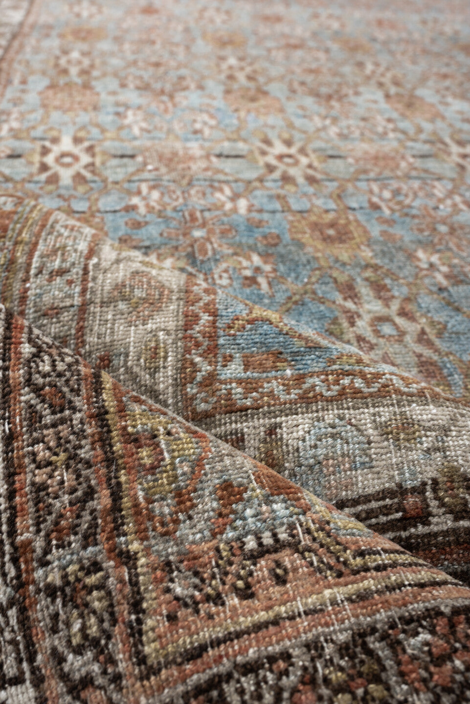 7' x 10' one-of-a-kind handmade antique Bidjar large size rug. Color palette: sky blue, ivory, terra cotta, taupe, camel