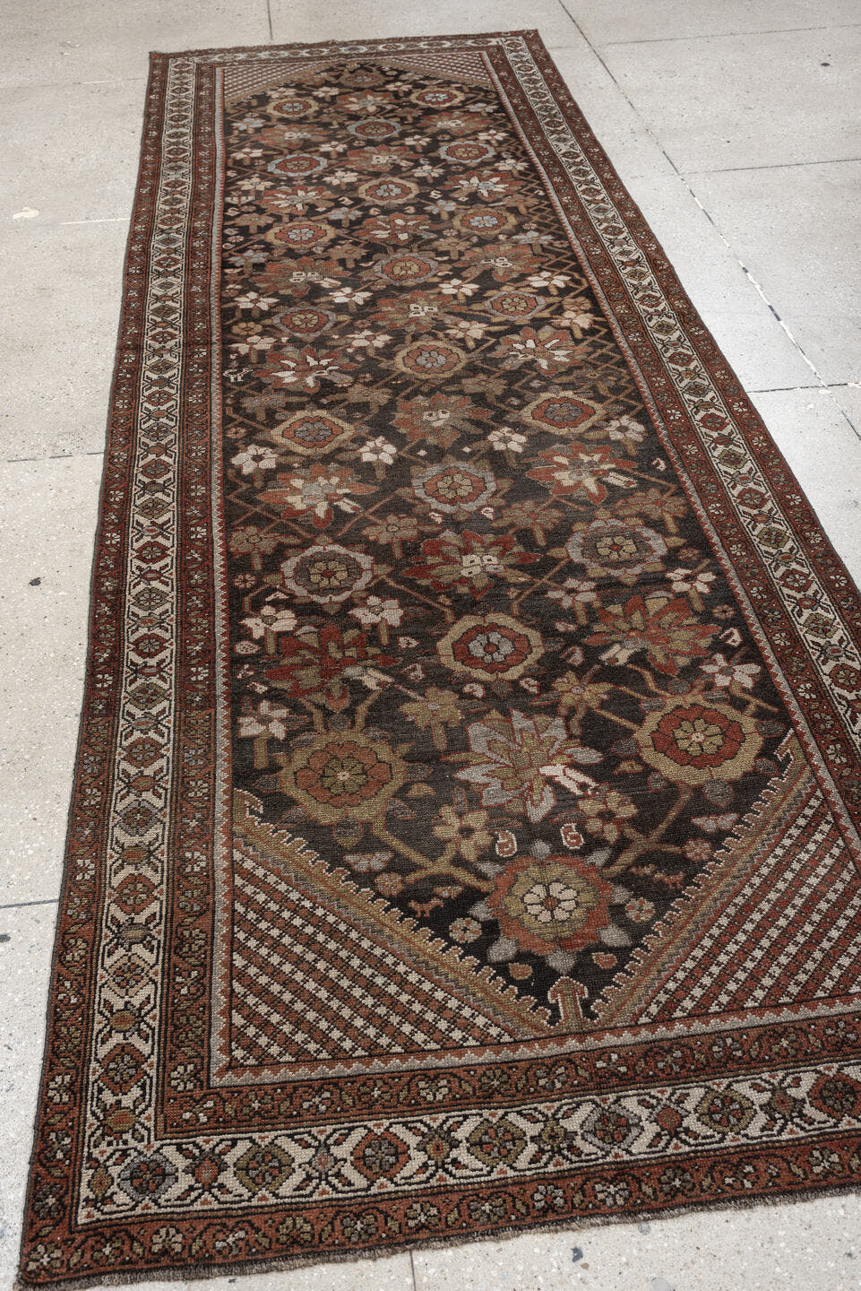 3' x 11' one-of-a-kind handmade antique Malayer runner rug. Color palette: brown, ivory, rust, camel, taupe, sage, charcoal
