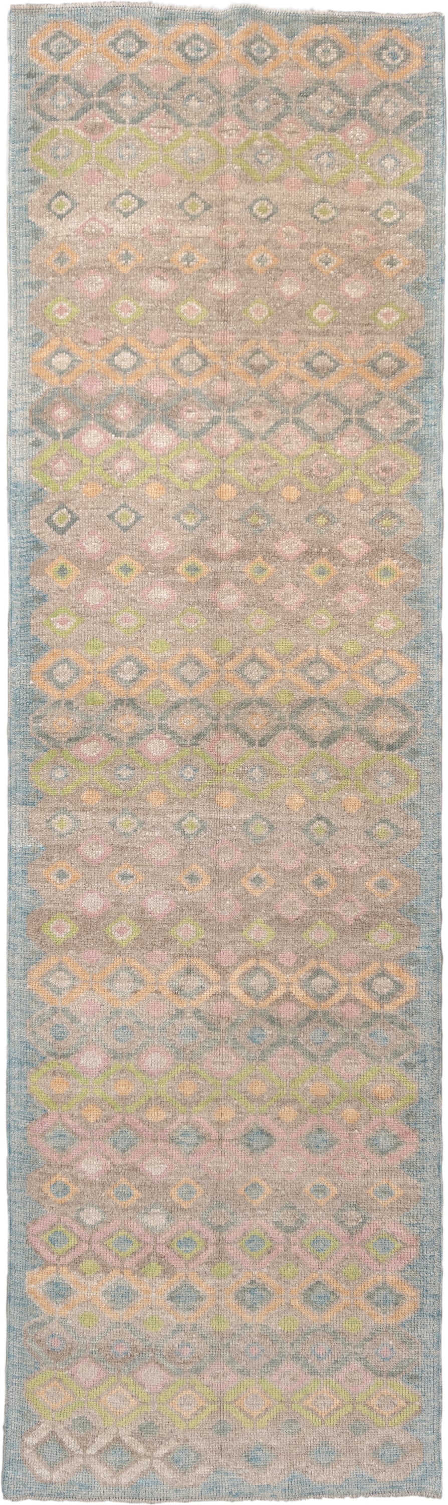 3' x 11' one-of-a-kind handmade vintage Oushak runner rug. Color palette: taupe, sky blue, ivory, blush, sage, gold, peach