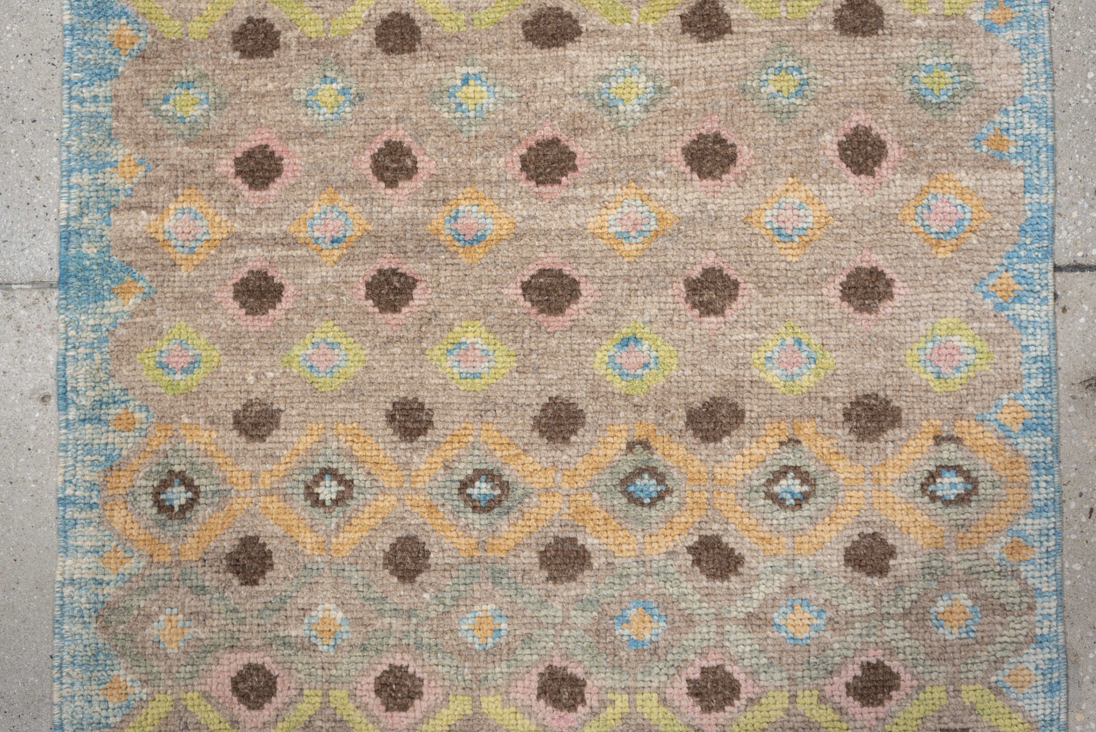 2' x 11' one-of-a-kind handmade vintage Oushak runner rug. Color palette: taupe, sky blue, camel, brown, ivory, sage, gold