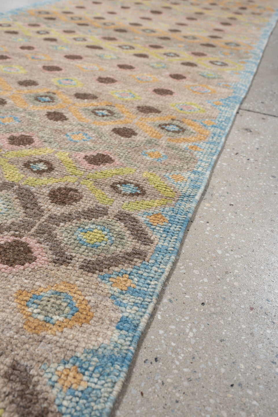 2' x 11' one-of-a-kind handmade vintage Oushak runner rug. Color palette: taupe, sky blue, camel, brown, ivory, sage, gold