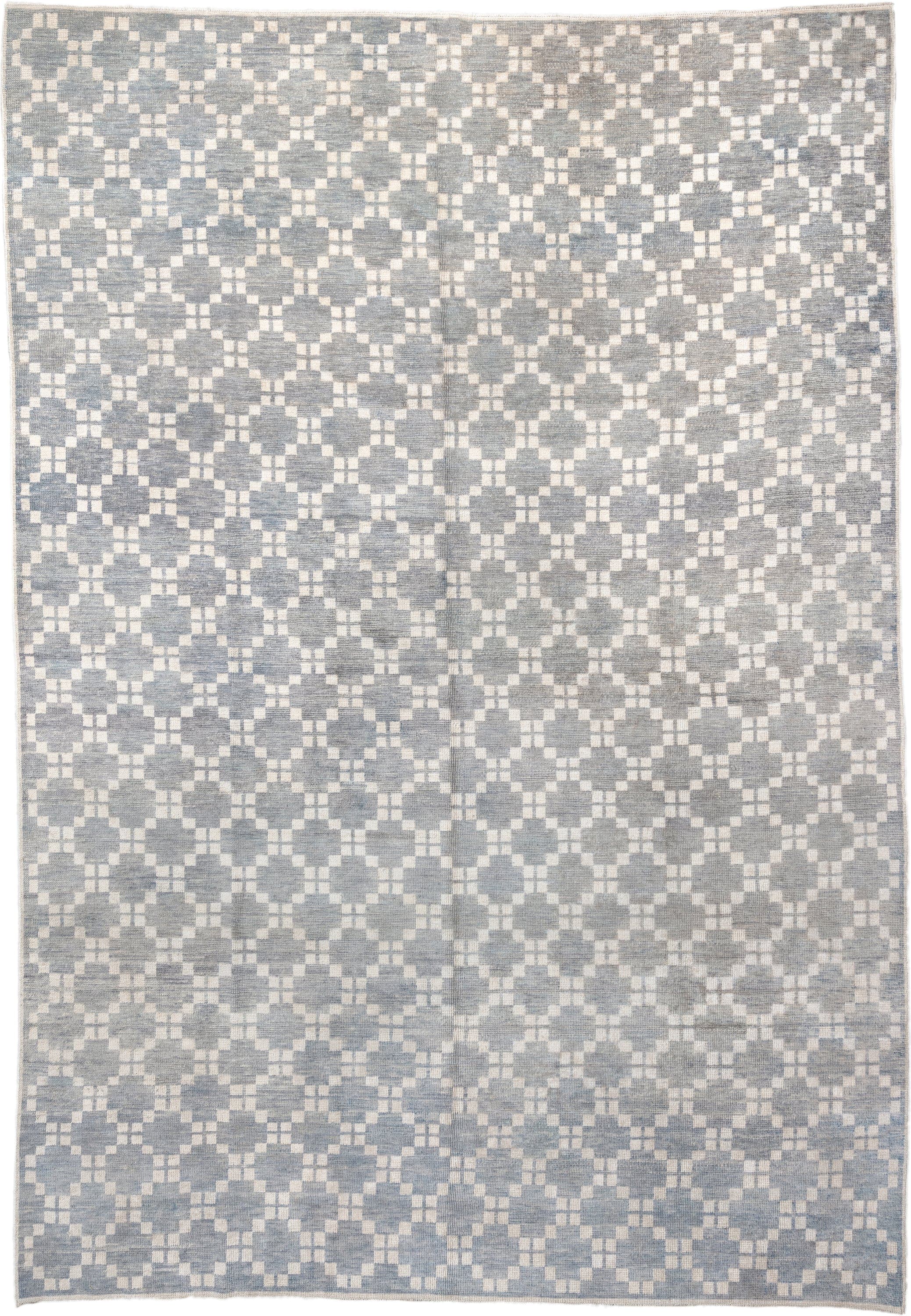 9' x 13' one-of-a-kind handmade vintage Oushak large size rug. Color palette: ivory, slate, pale blue, cream, silver, gray