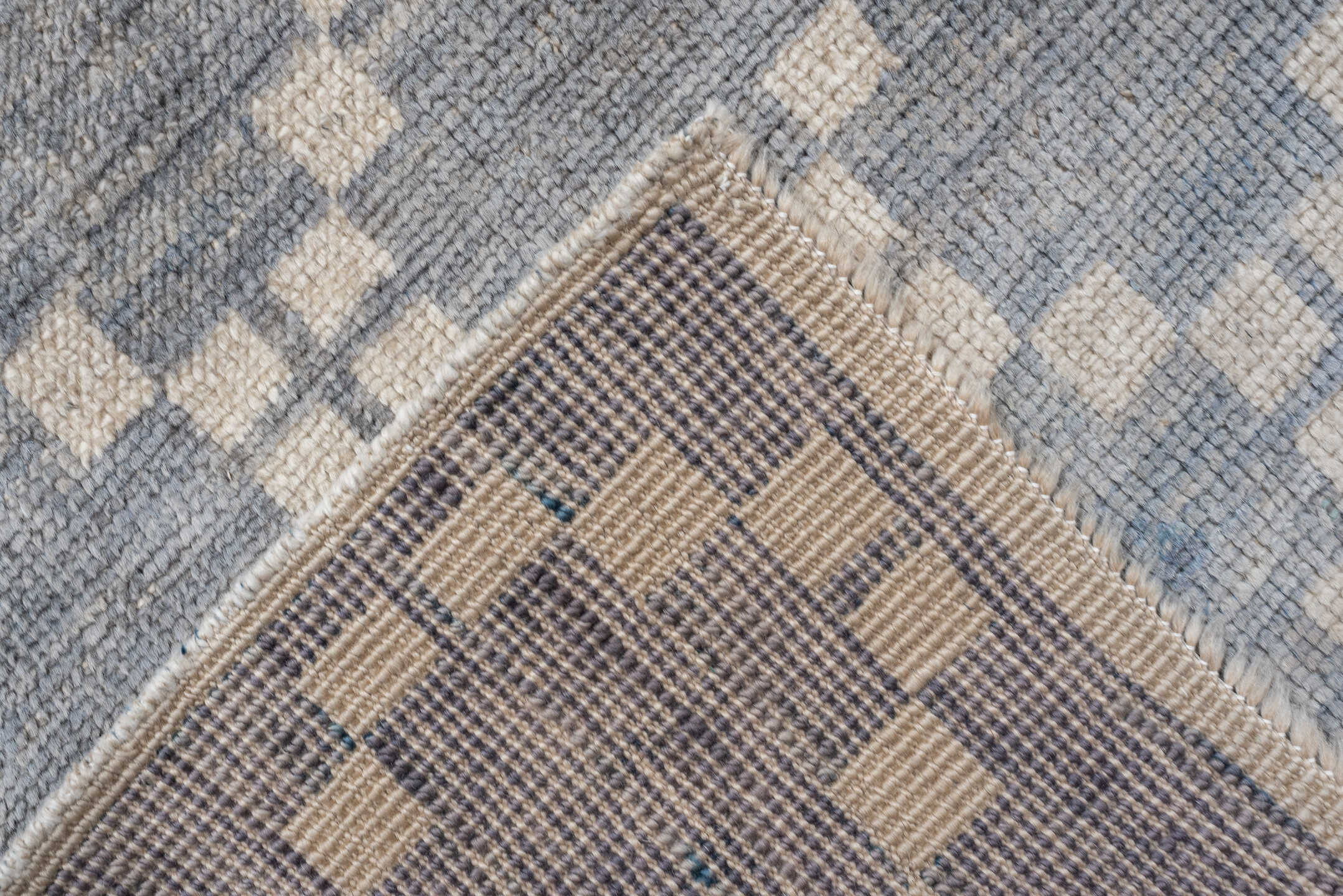 9' x 13' one-of-a-kind handmade vintage Oushak large size rug. Color palette: ivory, slate, pale blue, cream, silver, gray
