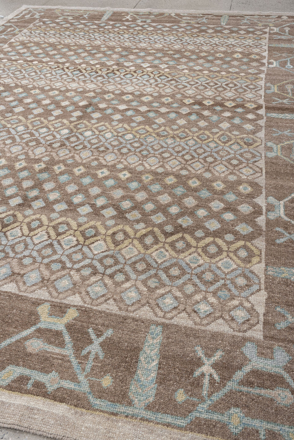 9' x 12' one-of-a-kind handmade vintage Oushak large size rug. Color palette: taupe, brown, ivory, pale aqua, sand, beige