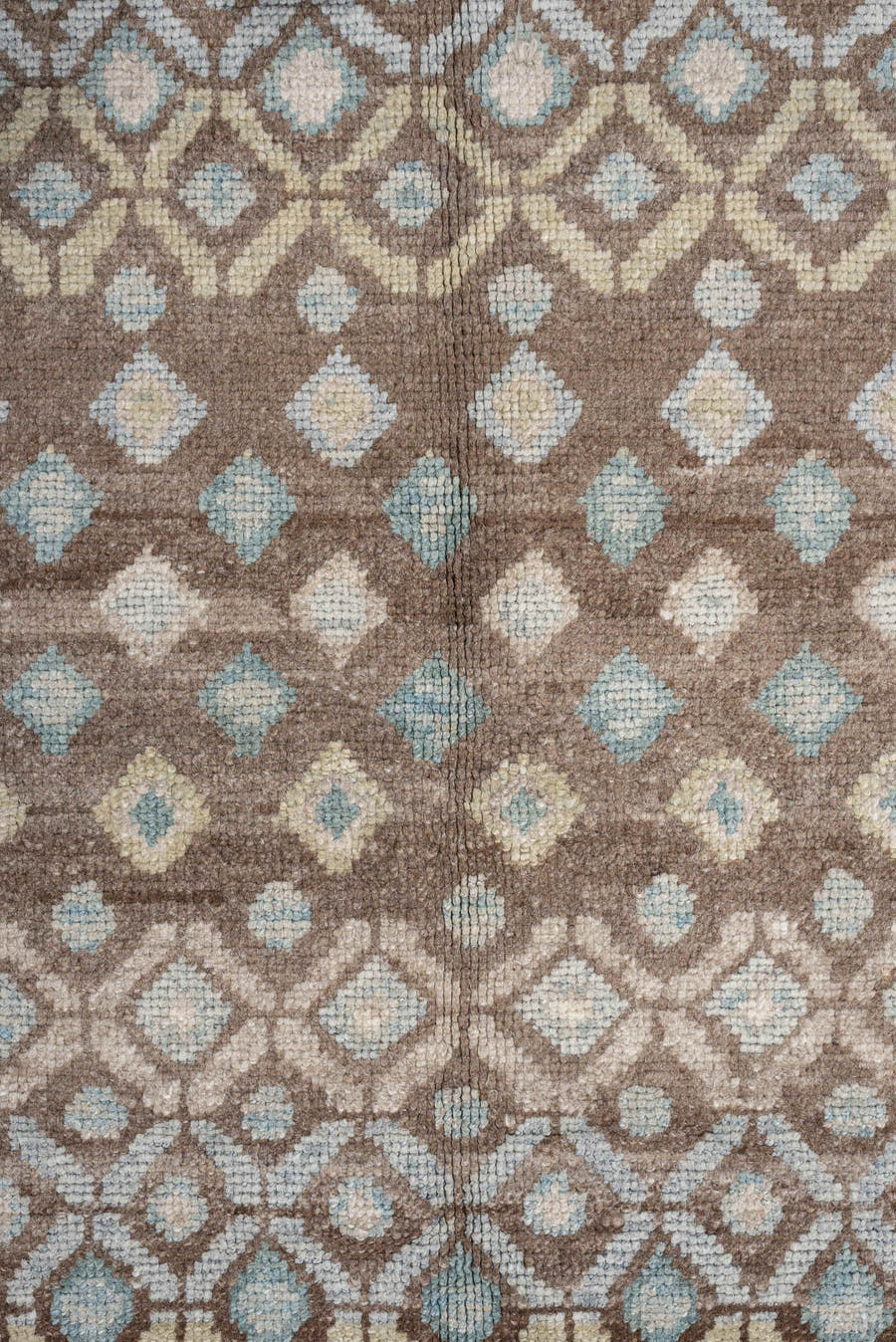9' x 12' one-of-a-kind handmade vintage Oushak large size rug. Color palette: taupe, brown, ivory, pale aqua, sand, beige