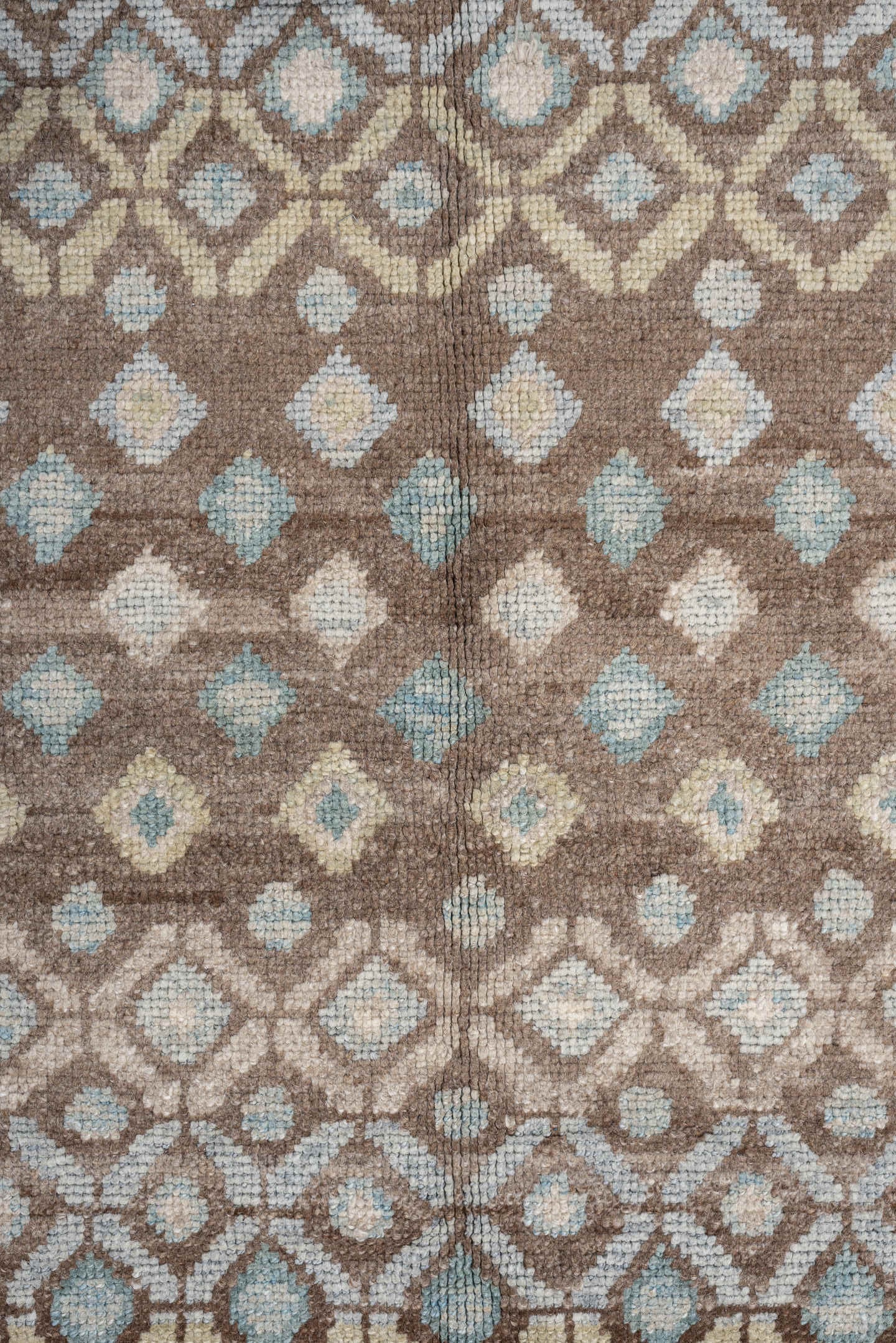 9' x 12' one-of-a-kind handmade vintage Oushak large size rug. Color palette: taupe, brown, ivory, pale aqua, sand, beige