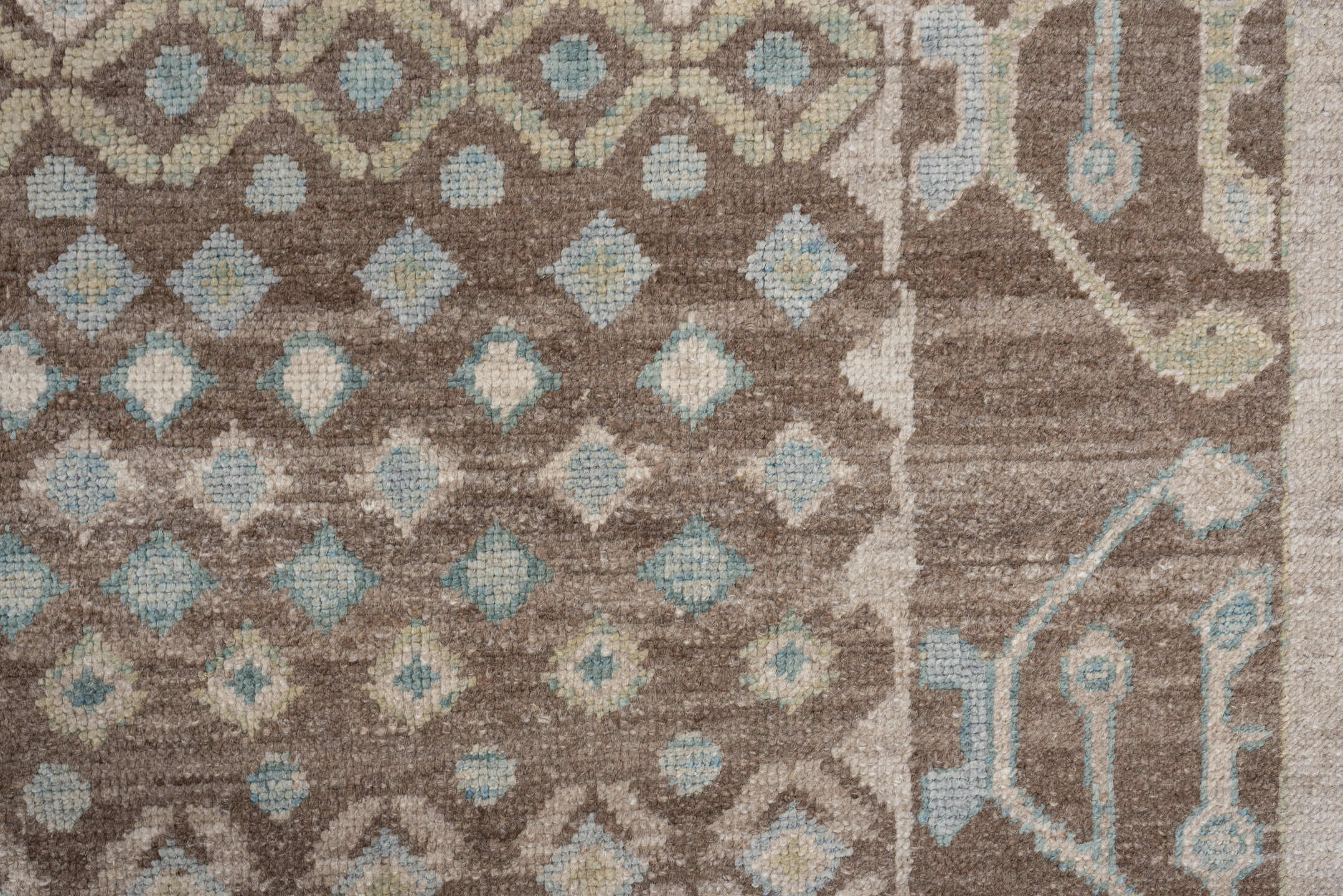 9' x 12' one-of-a-kind handmade vintage Oushak large size rug. Color palette: taupe, brown, ivory, pale aqua, sand, beige