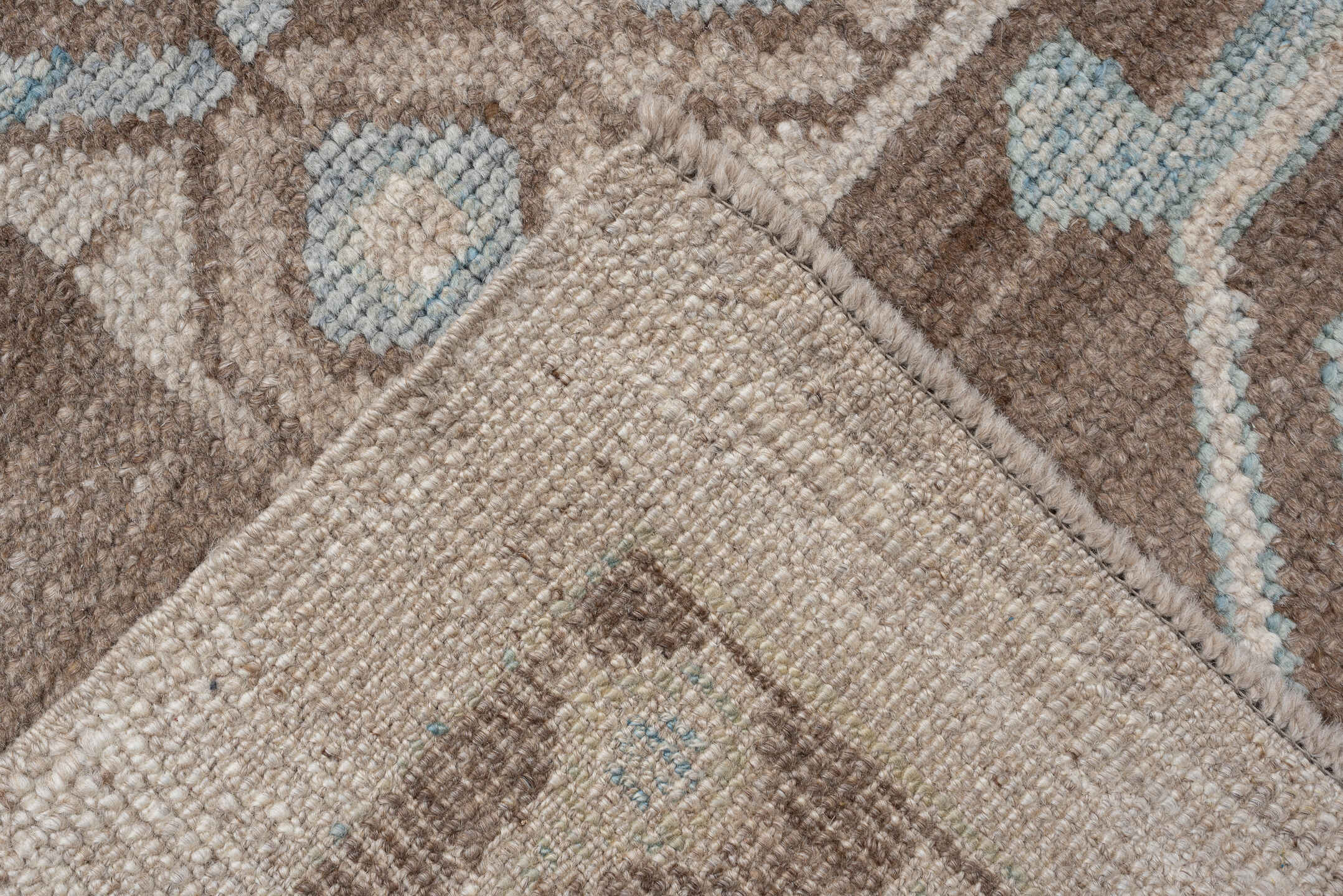 9' x 12' one-of-a-kind handmade vintage Oushak large size rug. Color palette: taupe, brown, ivory, pale aqua, sand, beige