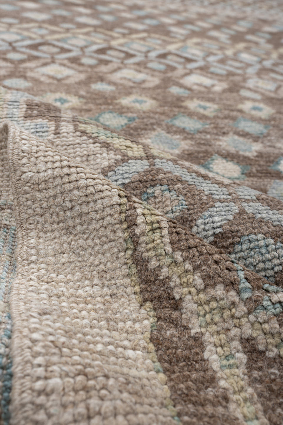 9' x 12' one-of-a-kind handmade vintage Oushak large size rug. Color palette: taupe, brown, ivory, pale aqua, sand, beige
