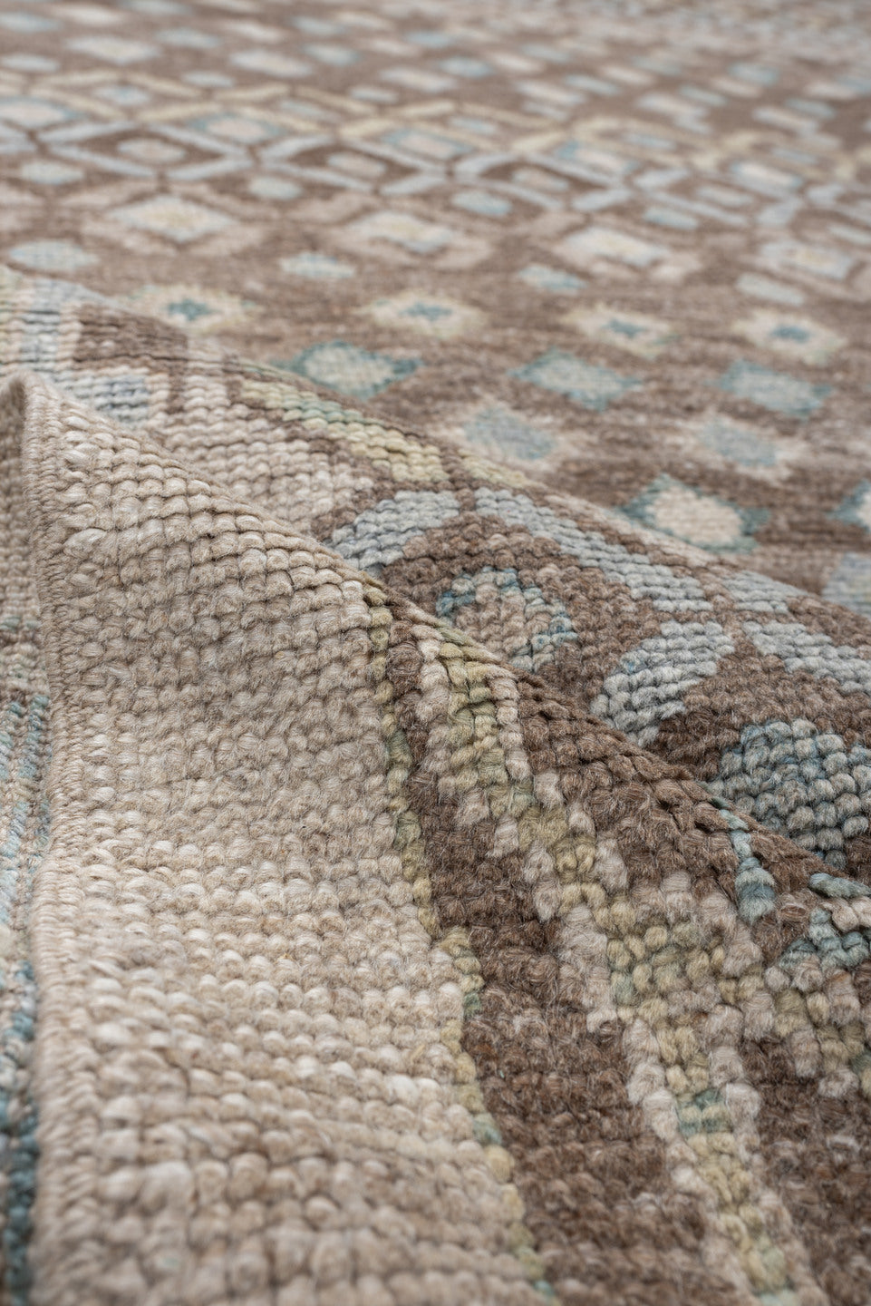9' x 12' one-of-a-kind handmade vintage Oushak large size rug. Color palette: taupe, brown, ivory, pale aqua, sand, beige