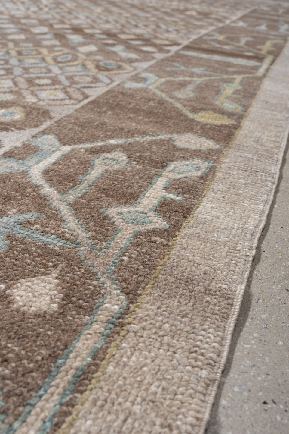 9' x 12' one-of-a-kind handmade vintage Oushak large size rug. Color palette: taupe, brown, ivory, pale aqua, sand, beige
