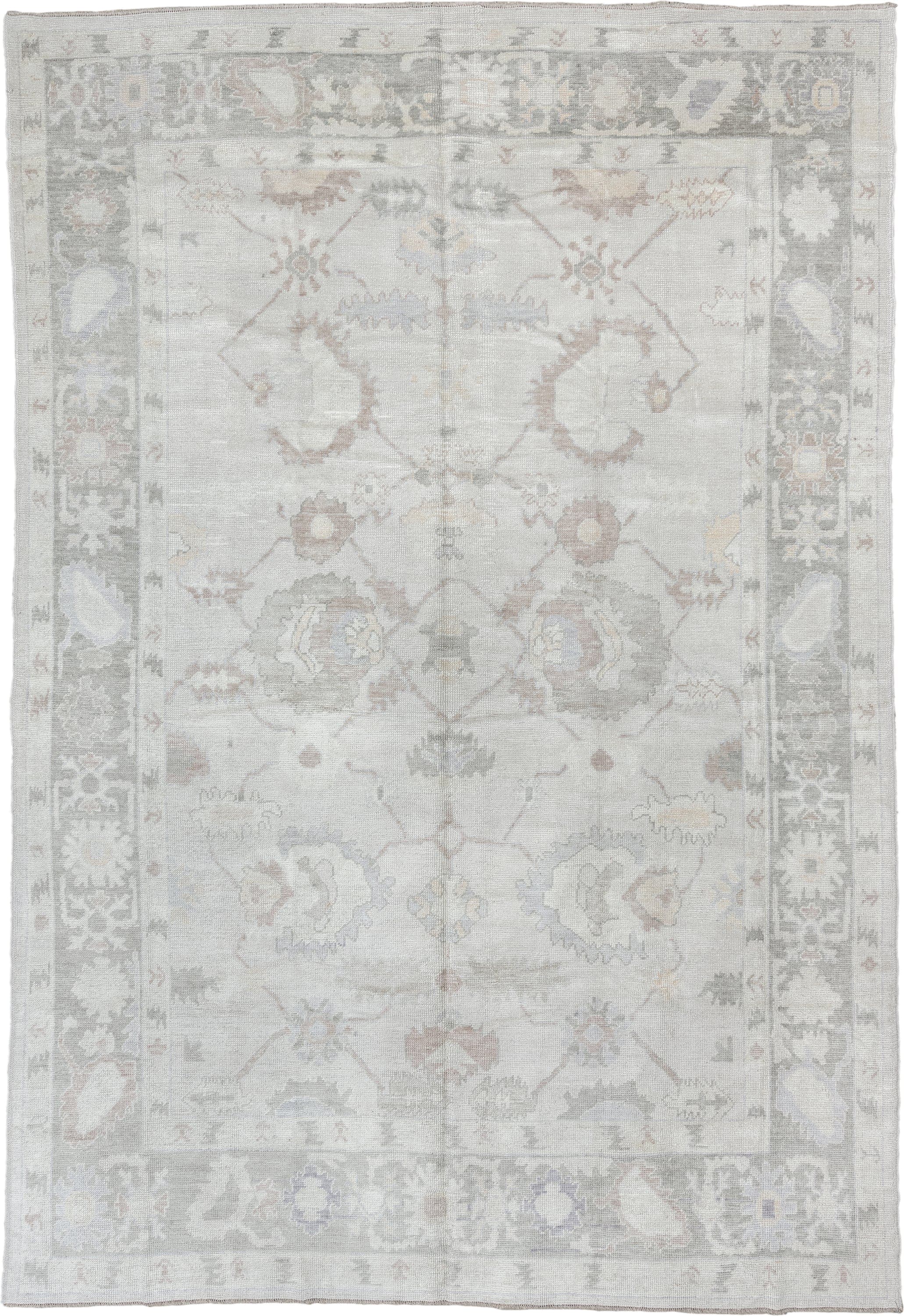 9' x 13' one-of-a-kind handmade vintage Oushak large size rug. Color palette: ivory, pale gray, blush, taupe, sage