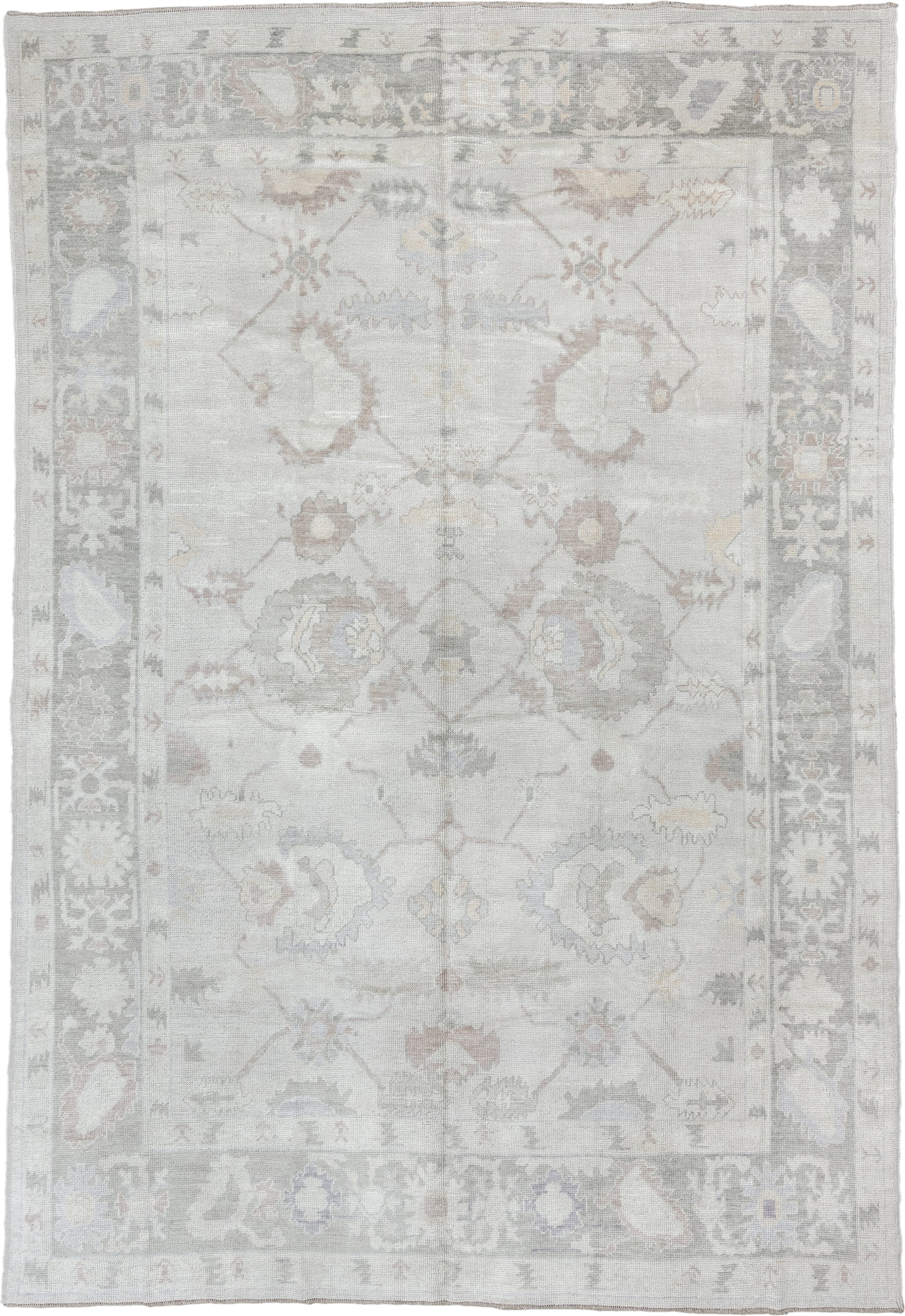 9' x 13' one-of-a-kind handmade vintage Oushak large size rug. Color palette: ivory, pale gray, blush, taupe, sage