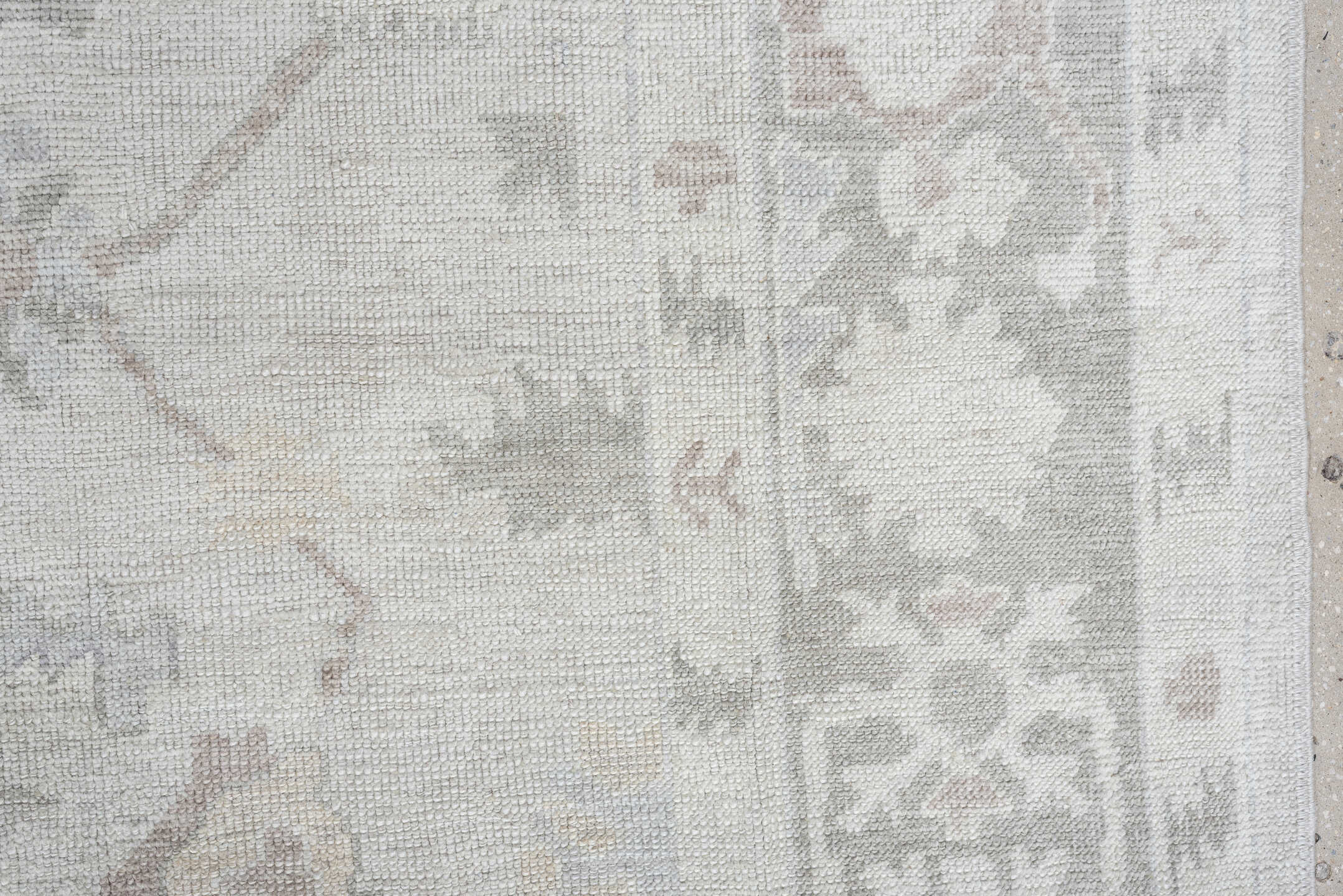9' x 13' one-of-a-kind handmade vintage Oushak large size rug. Color palette: ivory, pale gray, blush, taupe, sage
