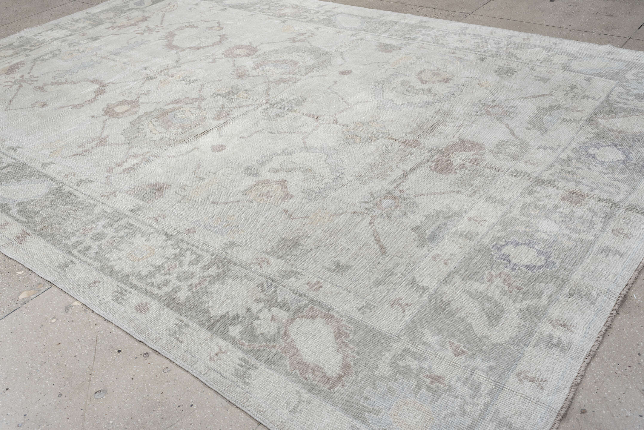 9' x 13' one-of-a-kind handmade vintage Oushak large size rug. Color palette: ivory, pale gray, blush, taupe, sage