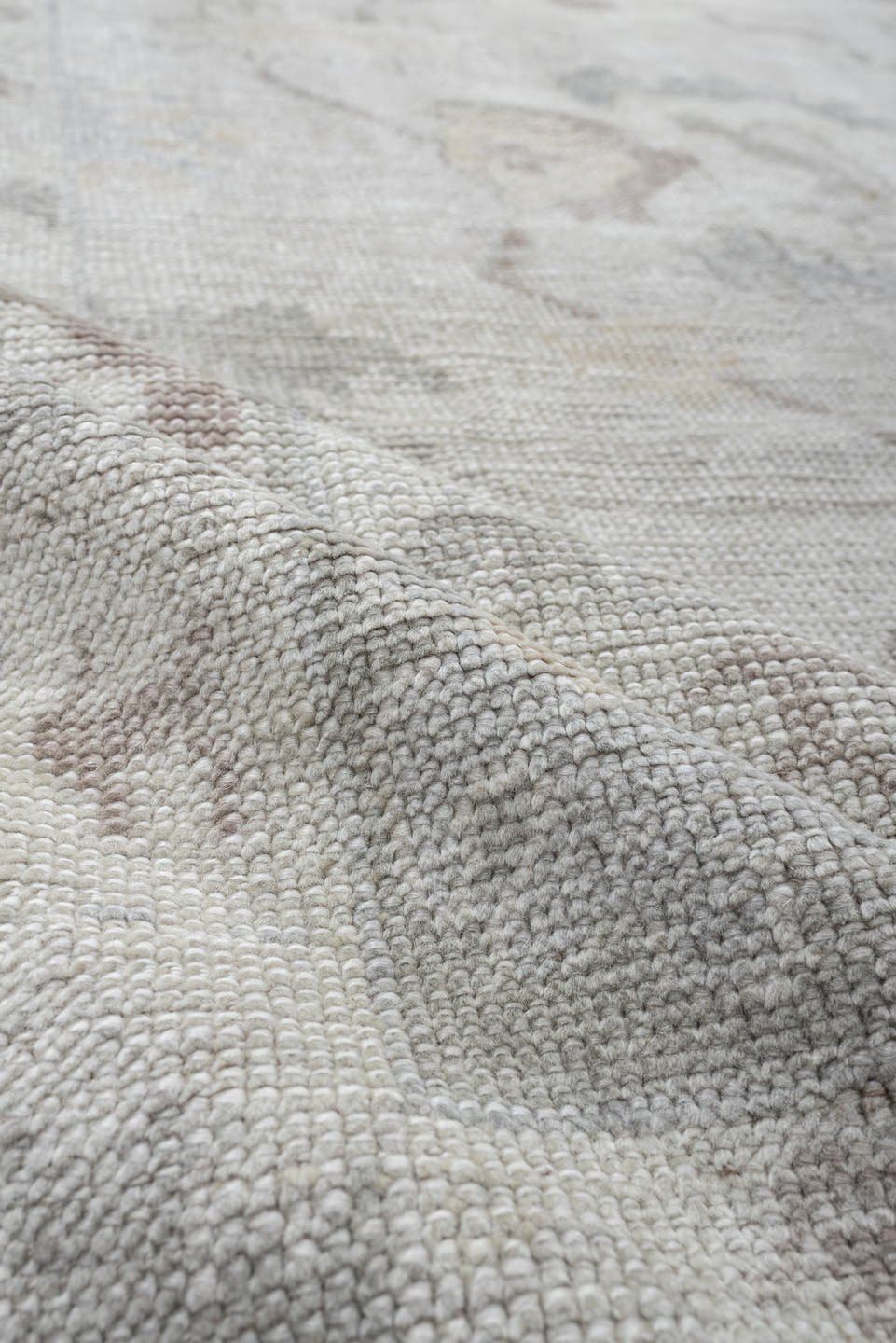 9' x 13' one-of-a-kind handmade vintage Oushak large size rug. Color palette: ivory, pale gray, blush, taupe, sage