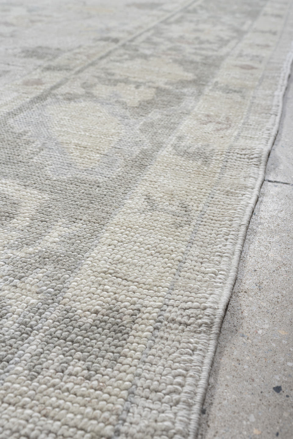 9' x 13' one-of-a-kind handmade vintage Oushak large size rug. Color palette: ivory, pale gray, blush, taupe, sage