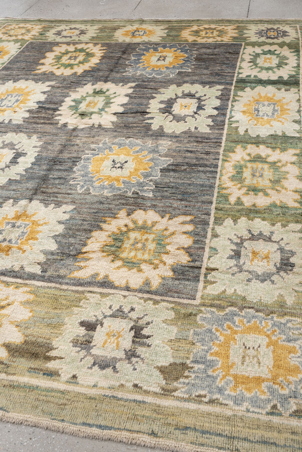 8' x 10' one-of-a-kind handmade vintage Oushak large size rug. Color palette: gray, sage, ivory, gold, cream, olive, green