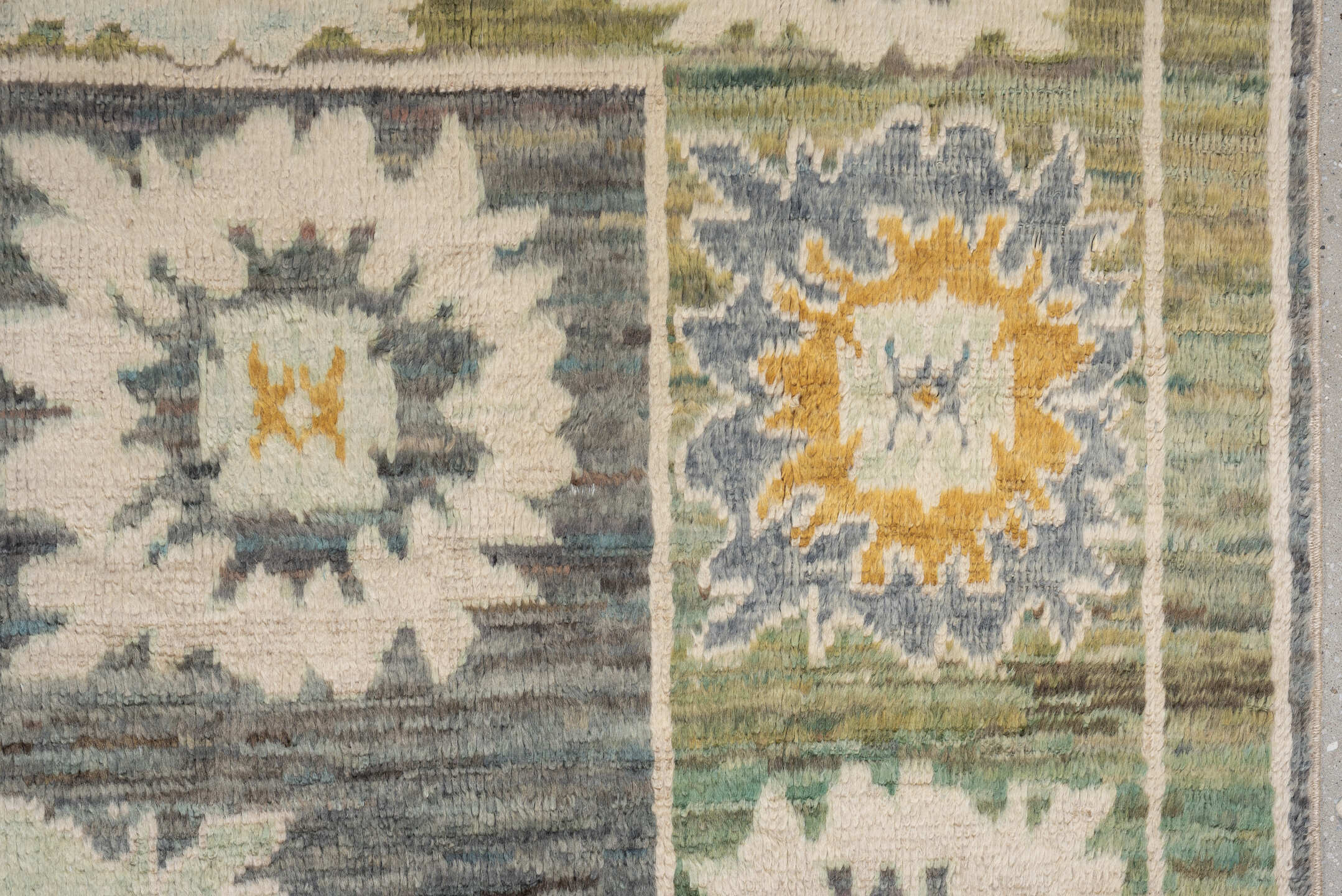 8' x 10' one-of-a-kind handmade vintage Oushak large size rug. Color palette: gray, sage, ivory, gold, cream, olive, green
