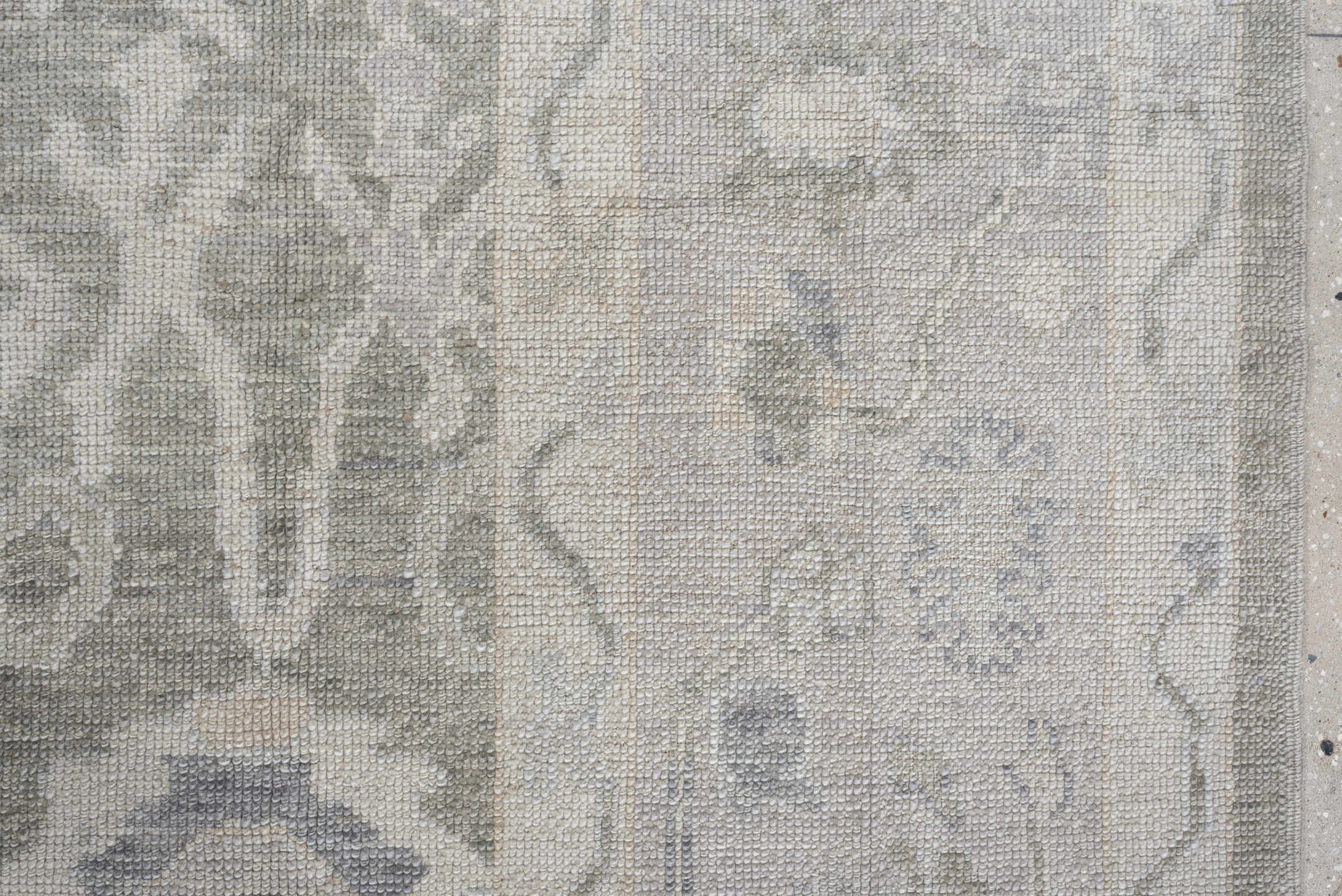 9' x 13' one-of-a-kind handmade vintage Oushak large size rug. Color palette: gray, ivory, taupe, pale blue, cream, beige