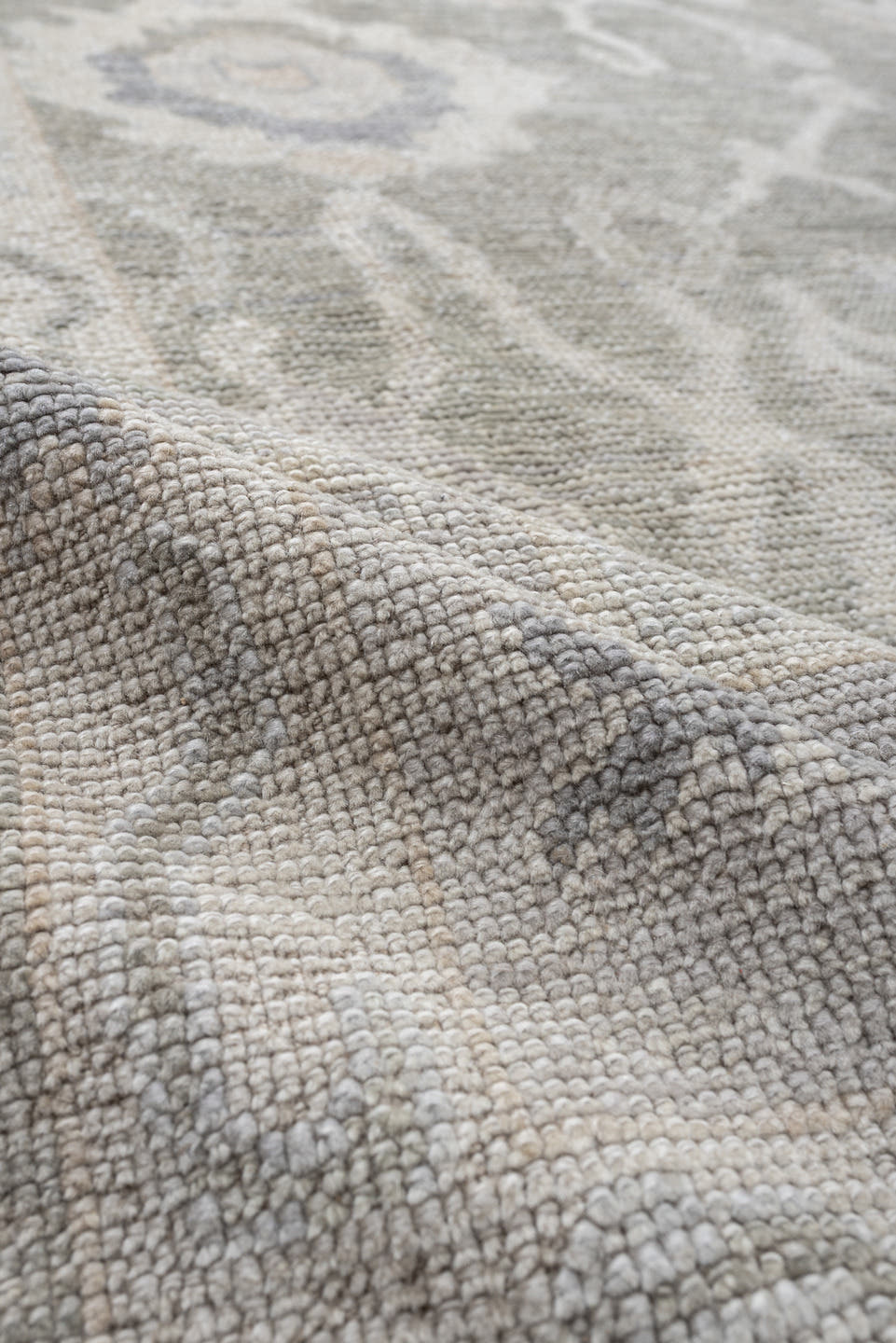 9' x 13' one-of-a-kind handmade vintage Oushak large size rug. Color palette: gray, ivory, taupe, pale blue, cream, beige