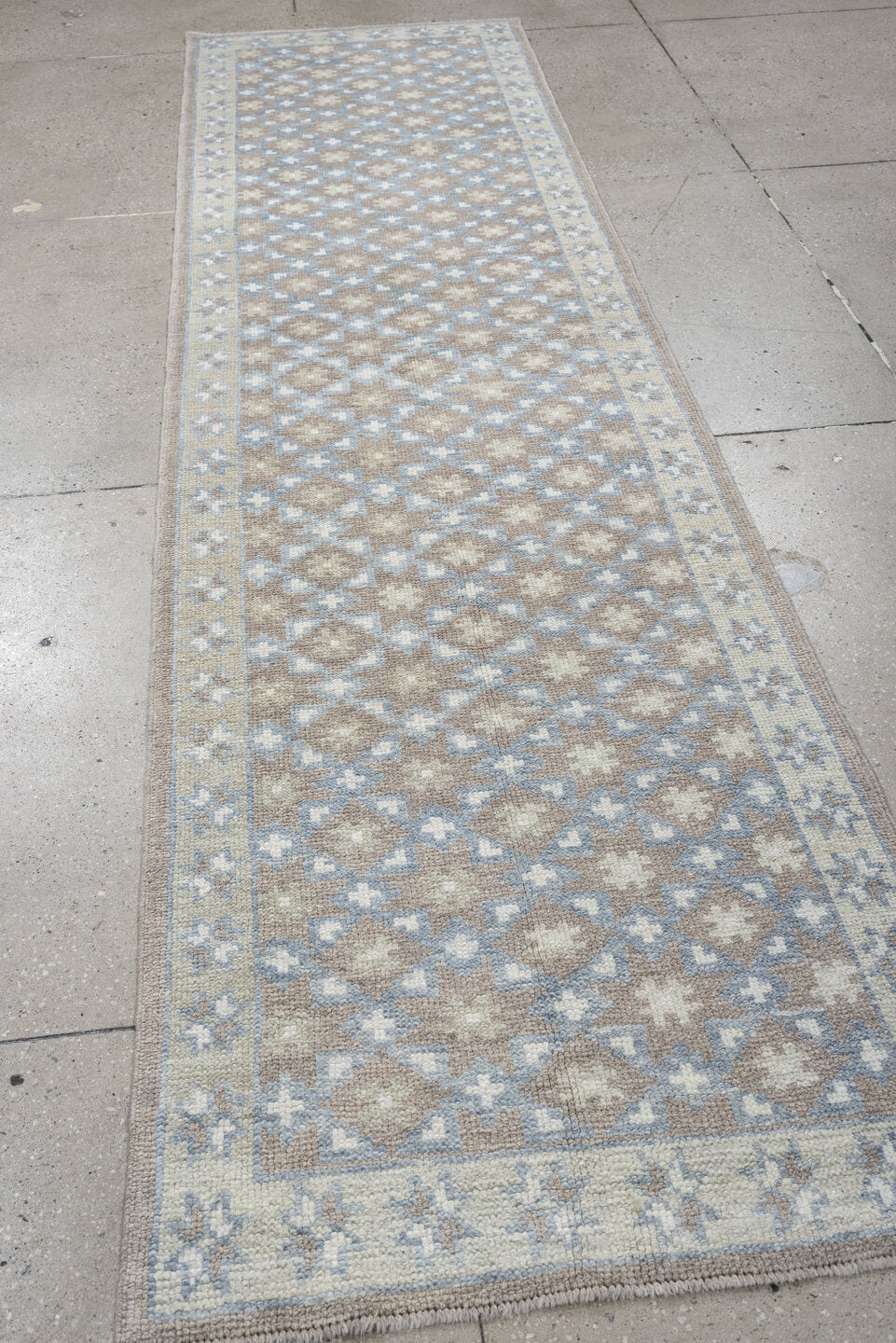 3' x 11' one-of-a-kind handmade vintage Oushak runner rug. Color palette: taupe, pale blue, ivory, beige, gray, light blue