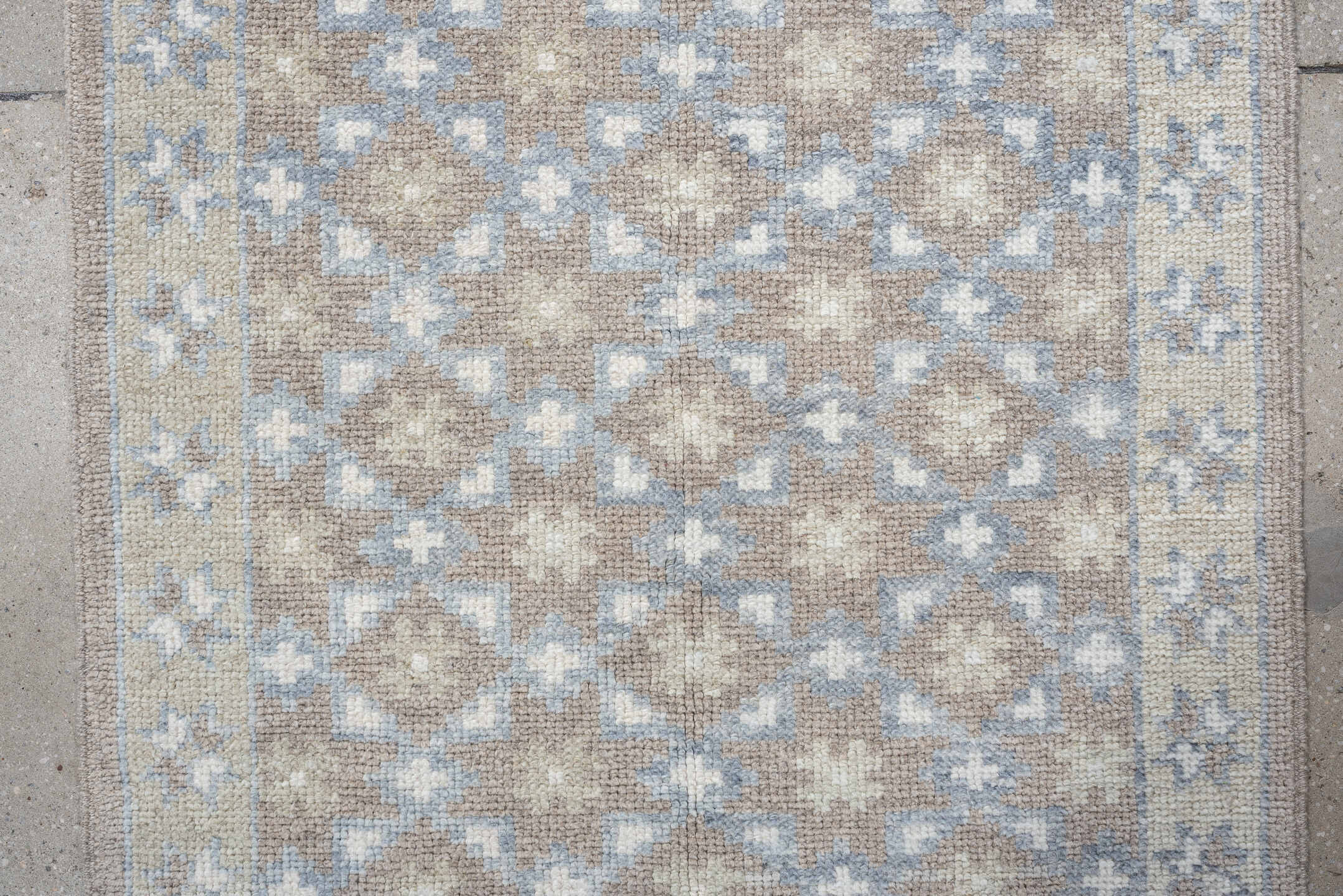 3' x 11' one-of-a-kind handmade vintage Oushak runner rug. Color palette: taupe, pale blue, ivory, beige, gray, light blue