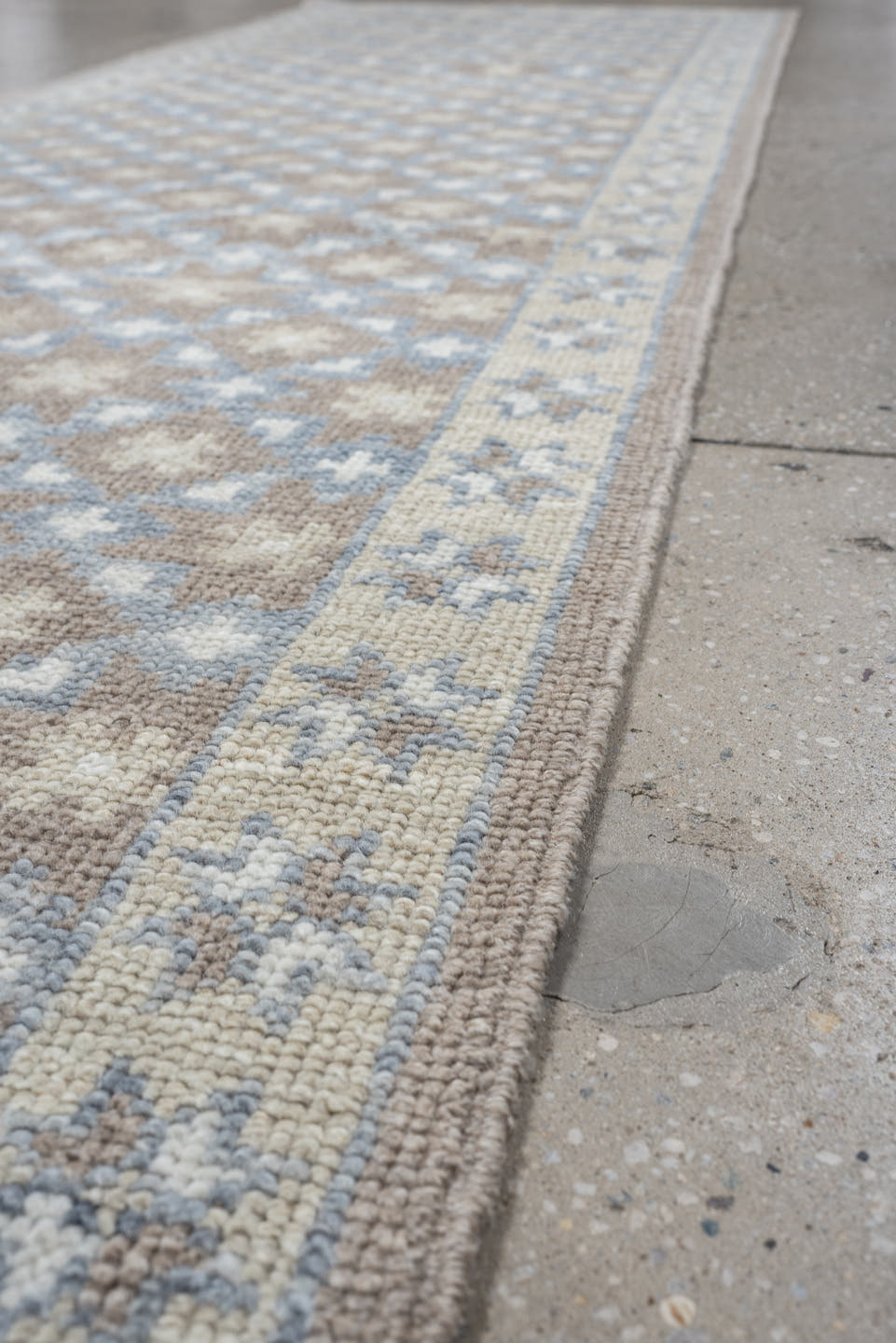 3' x 11' one-of-a-kind handmade vintage Oushak runner rug. Color palette: taupe, pale blue, ivory, beige, gray, light blue