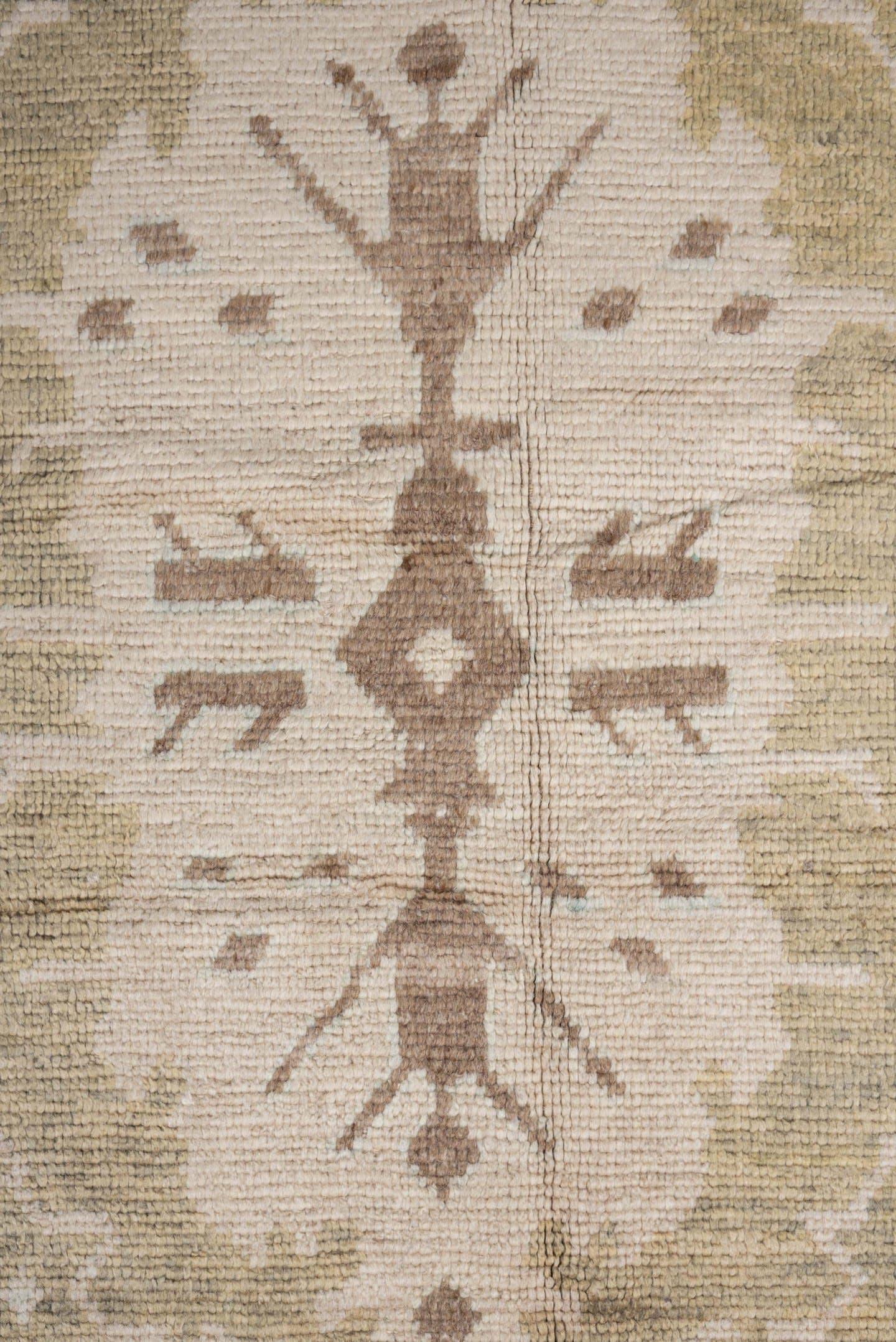 8' x 10' one-of-a-kind handmade vintage Oushak large size rug. Color palette: beige, ivory, taupe, sage, camel, brown